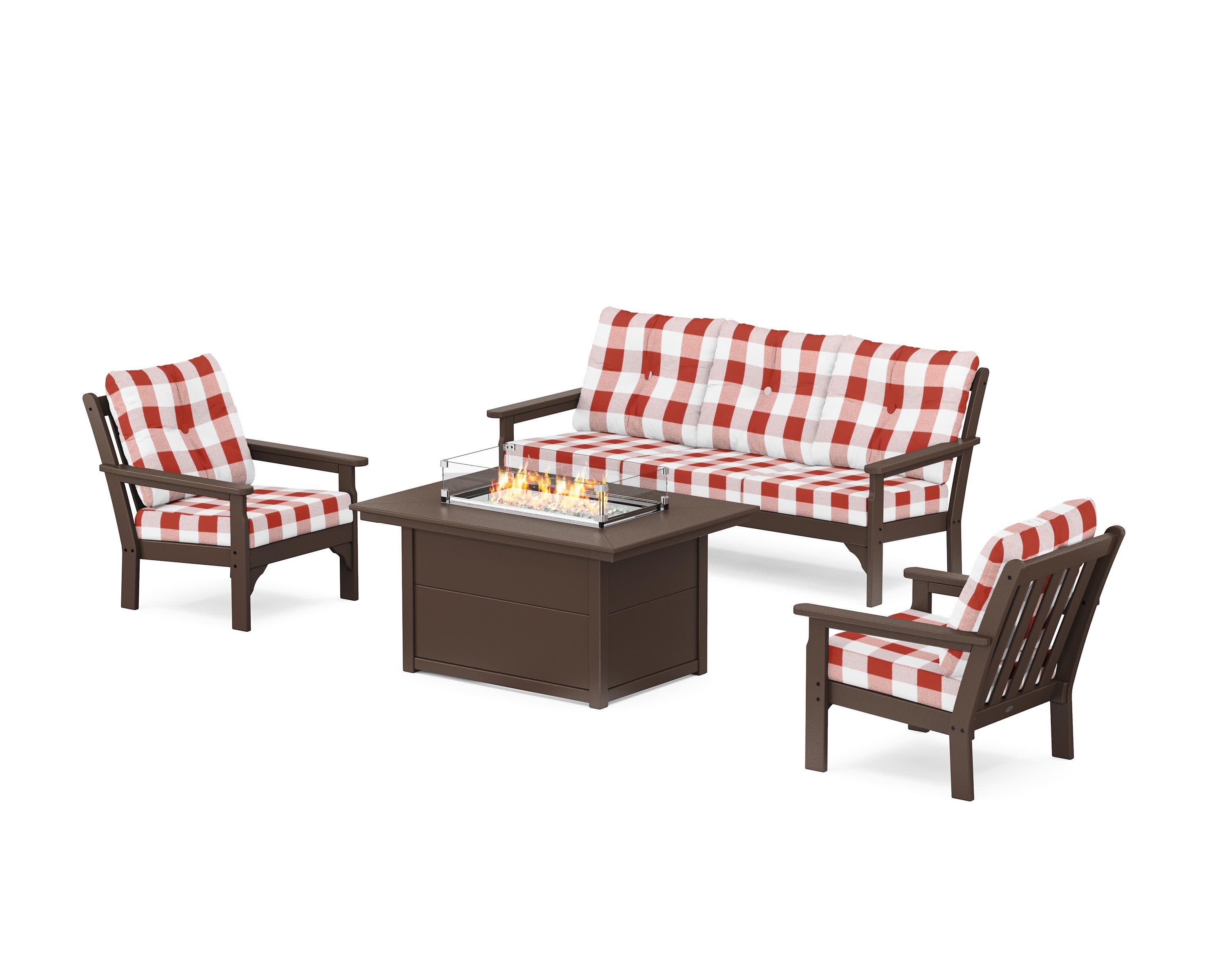 Vineyard Deep Seating Fire Pit Table Set in Mahogany / Buffalo Plaid Crimson