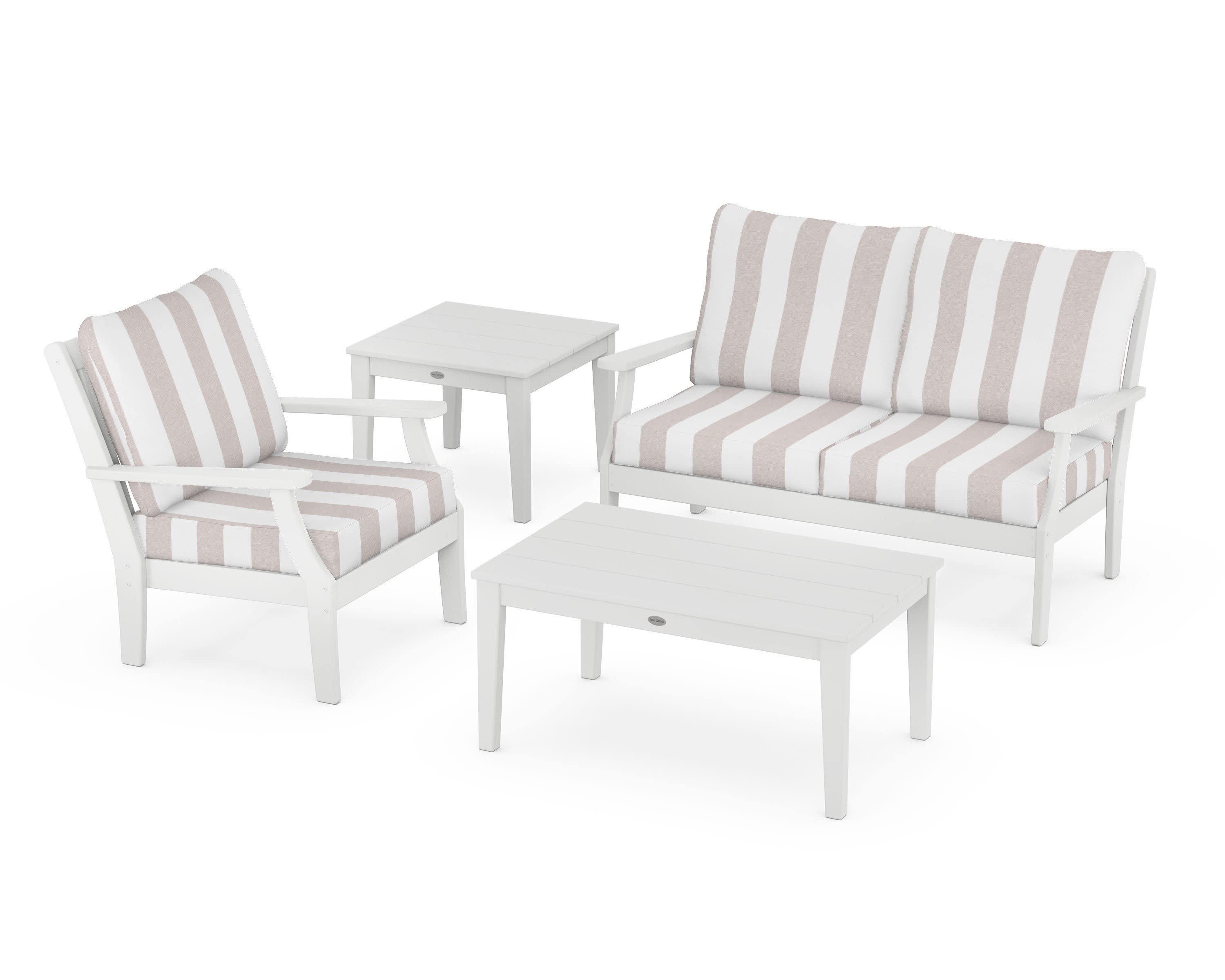 Braxton 4-Piece Deep Seating Set in White / Cabana Stripe Dune Burlap