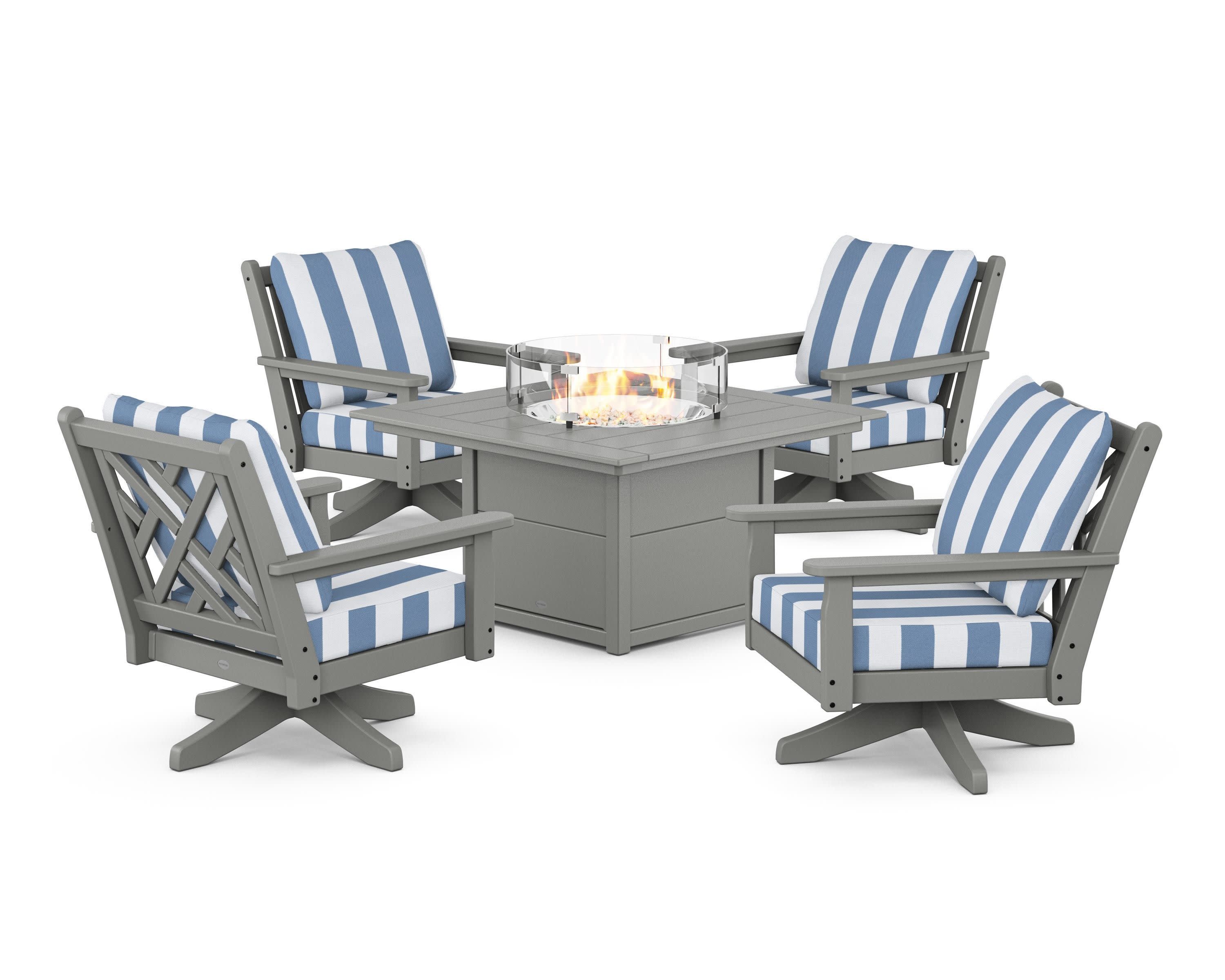Chippendale 5-Piece Deep Seating Swivel Conversation Set with Fire Pit Table in Slate Grey / Cabana Stripe Sky Blue
