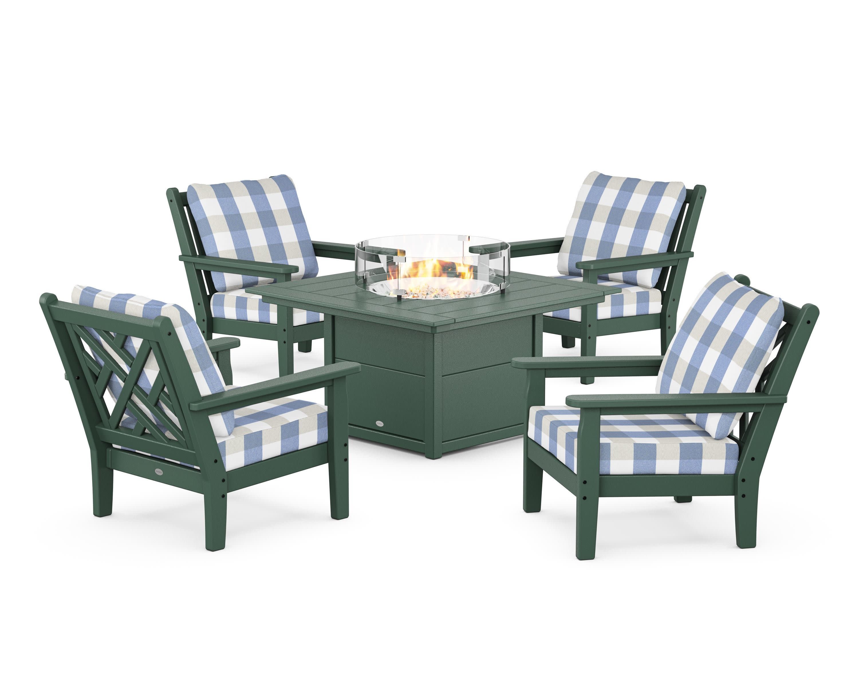 Chippendale 5-Piece Deep Seating Set with Fire Pit Table in Green / Buffalo Plaid Sky Blue