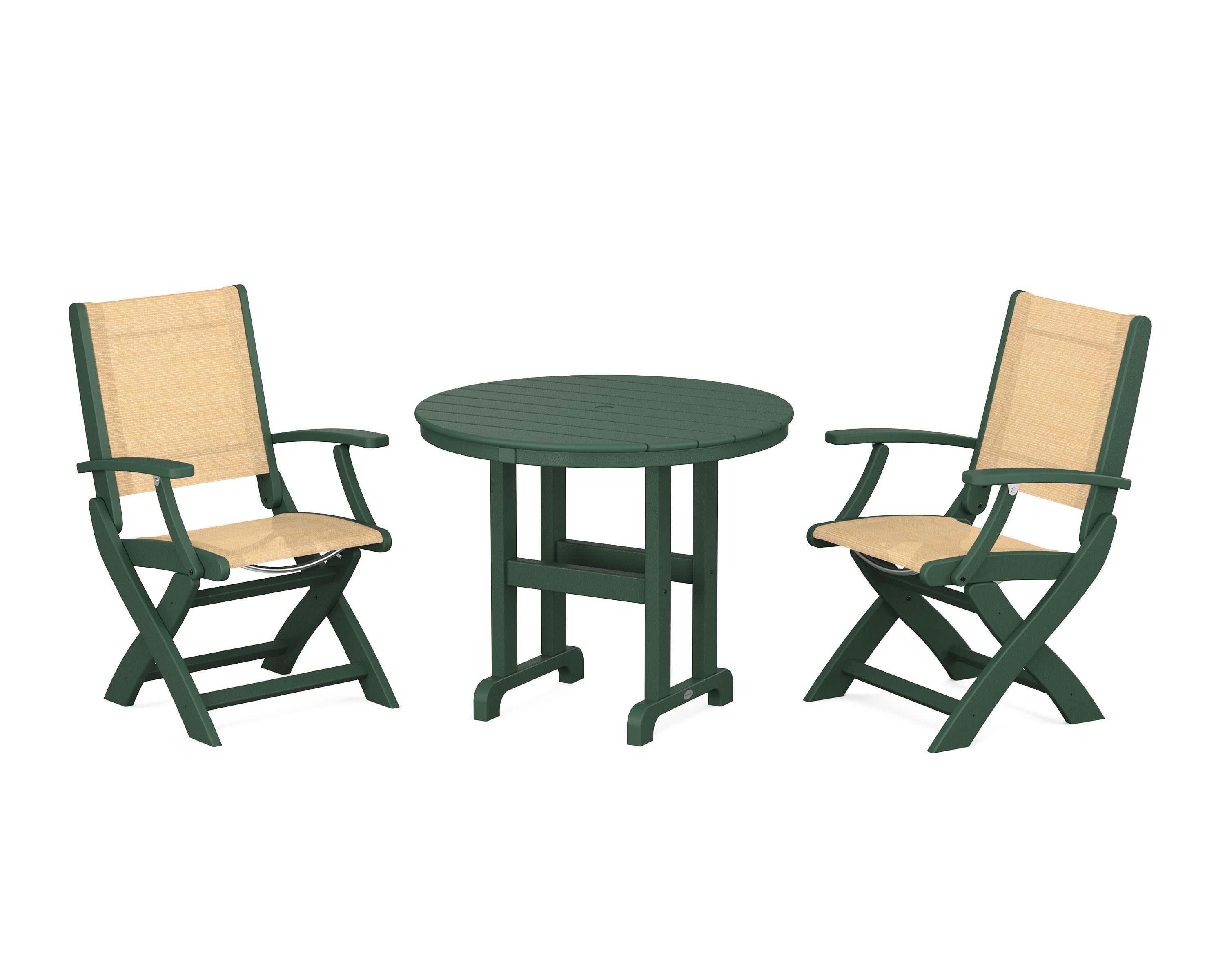 Coastal Folding Chair 3-Piece Round Dining Set in Green / Dupioni Apricot Sling