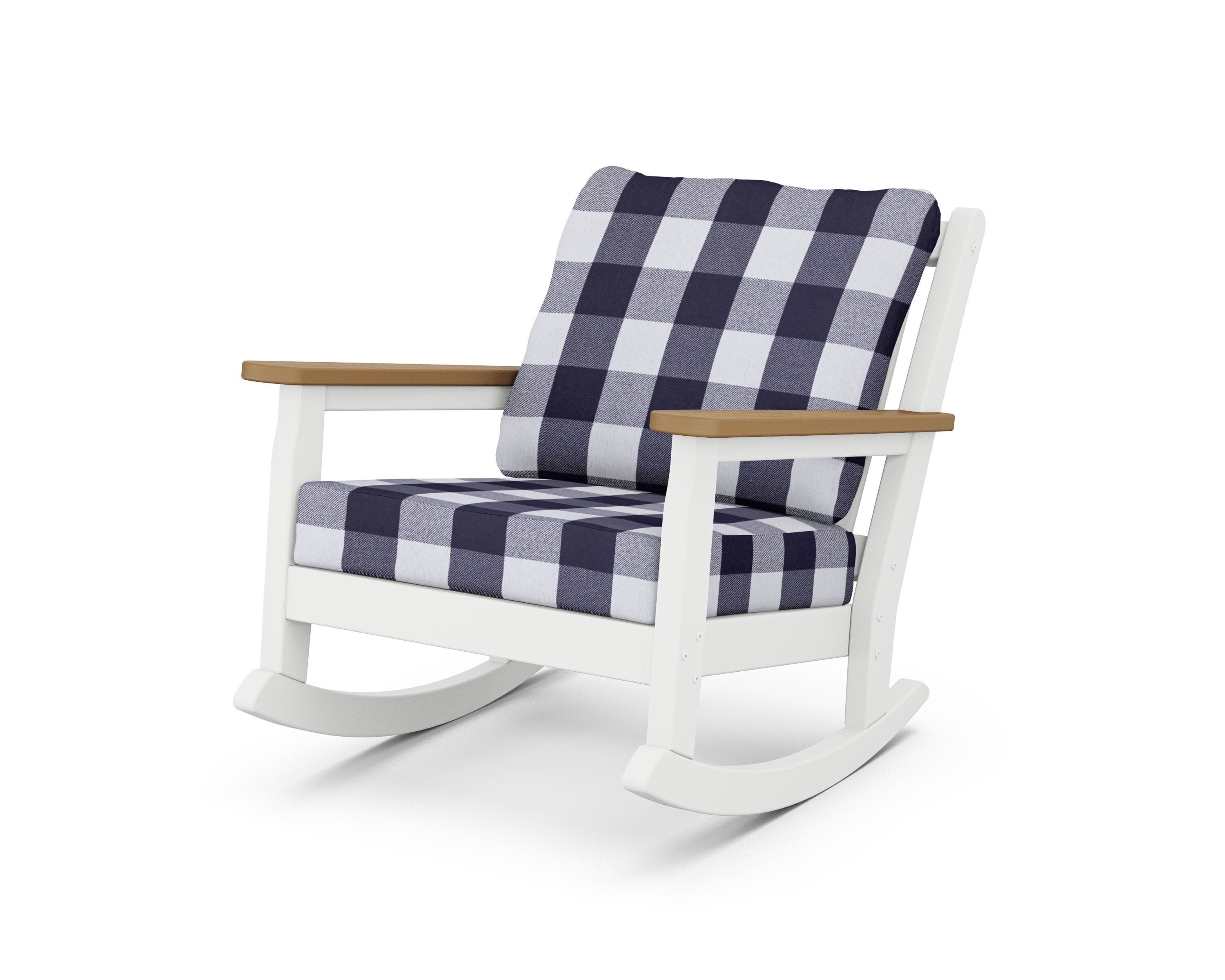 Chippendale Deep Seating Rocking Chair in White / Natural / Buffalo Plaid Navy
