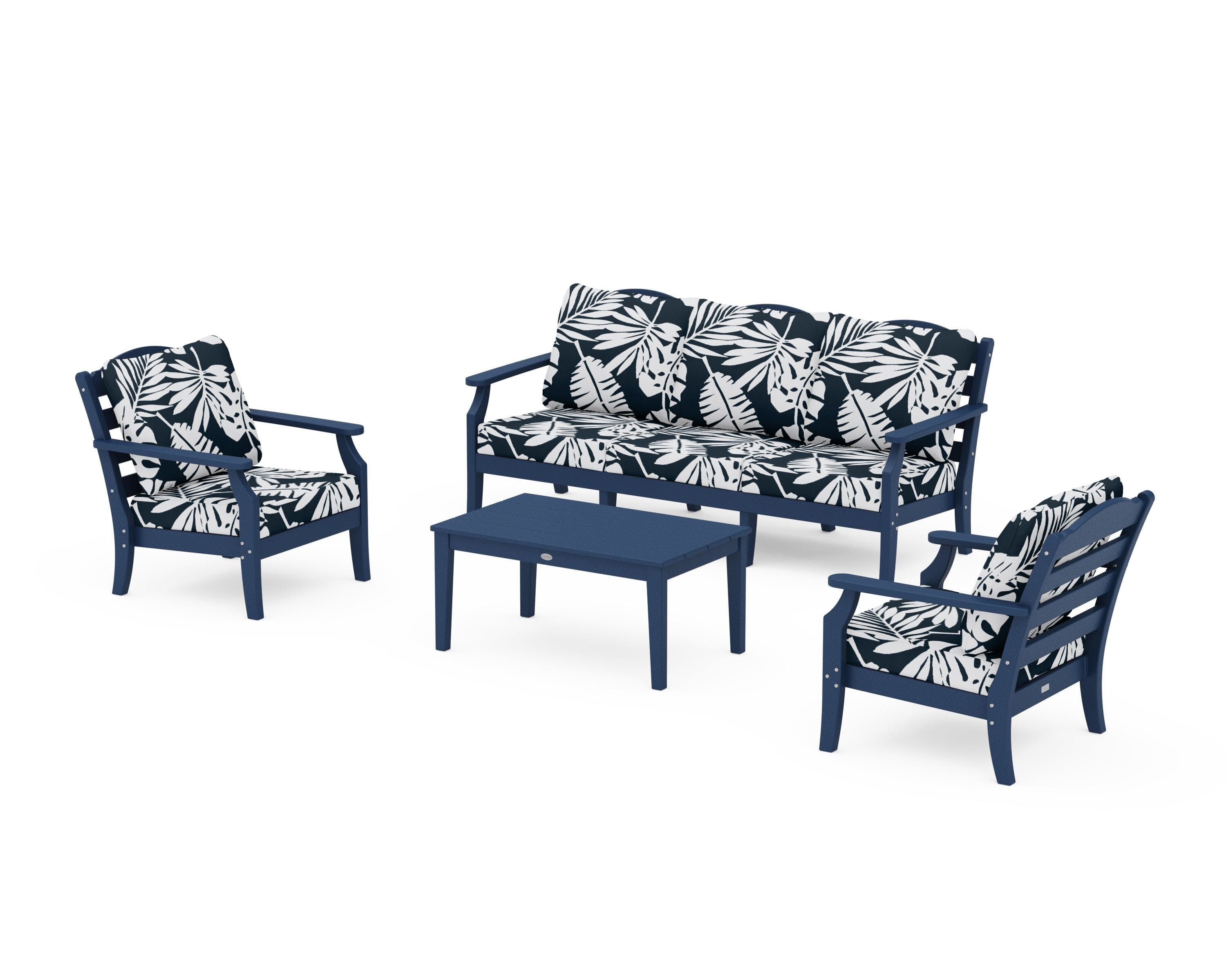 Savannah 4-Piece Deep Seating Set with Sofa in Navy / Leaf Marine Indigo