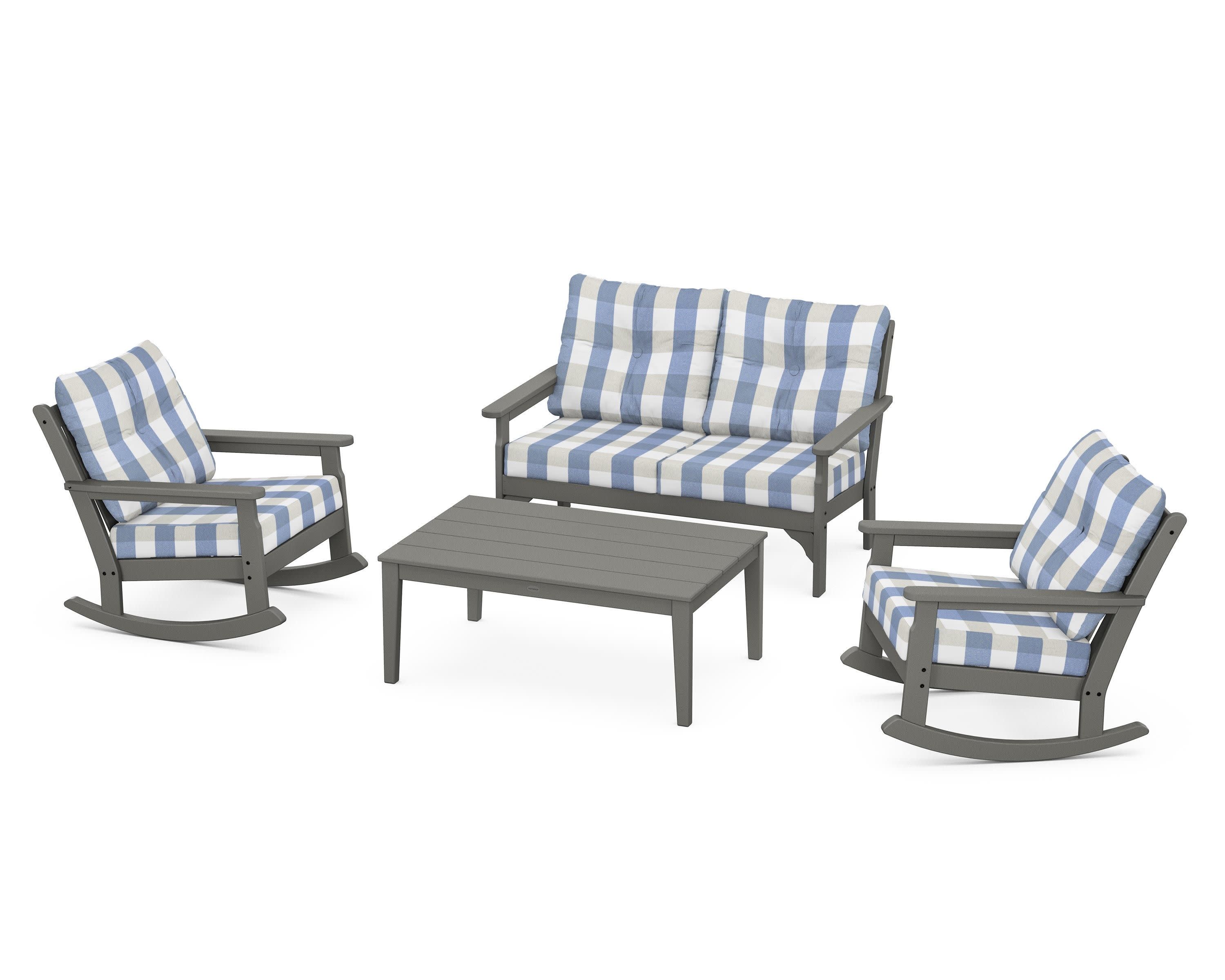 Vineyard 4-Piece Deep Seating Rocking Chair Set in Slate Grey / Buffalo Plaid Sky Blue