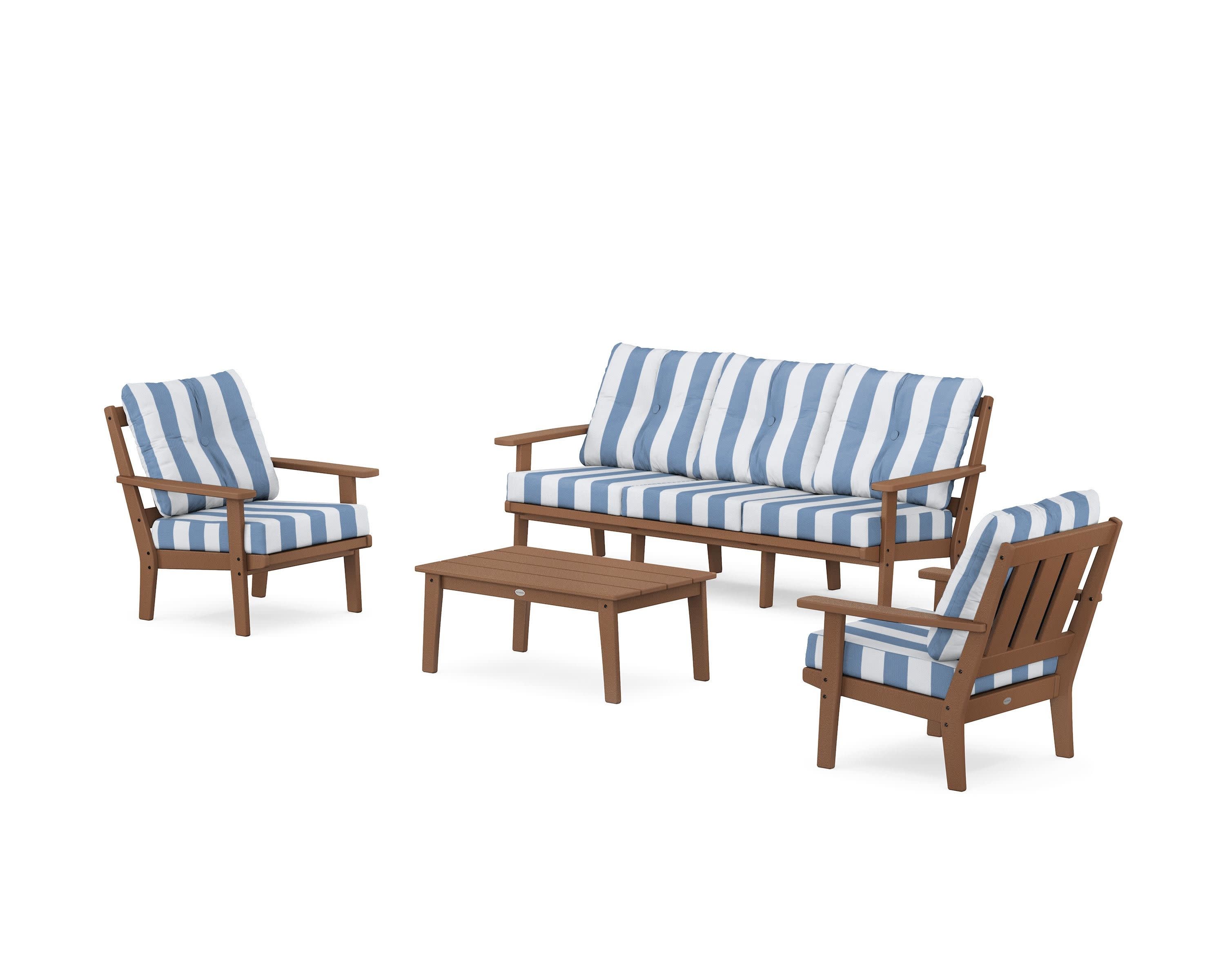 Oxford 4-Piece Deep Seating Set with Sofa in Teak / Cabana Stripe Sky Blue