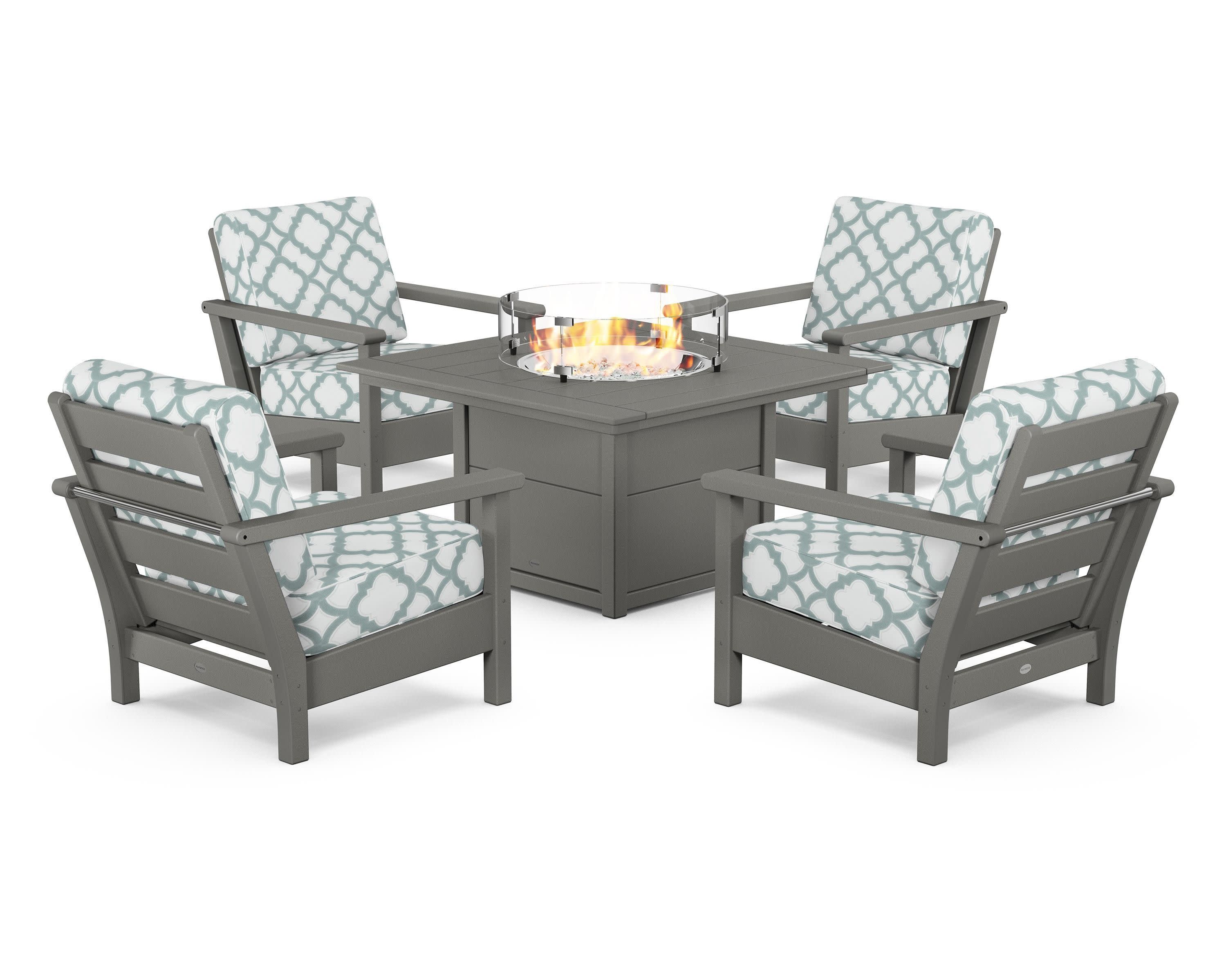 Harbour 5-Piece Conversation Set with Fire Pit Table in Slate Grey / Trellis Glacier Spa