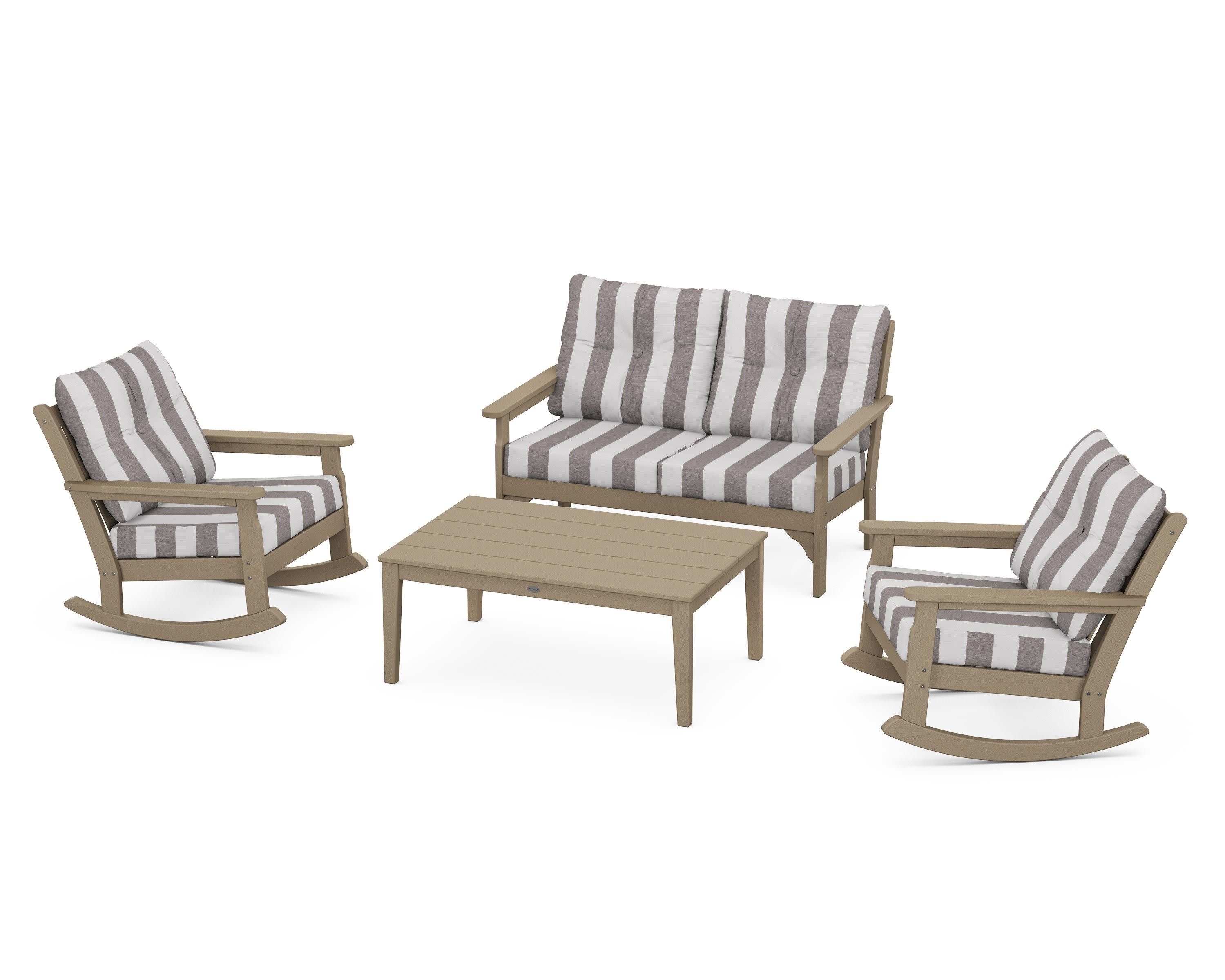 Vineyard 4-Piece Deep Seating Rocking Chair Set in Vintage Sahara / Cabana Stripe Grey Mist