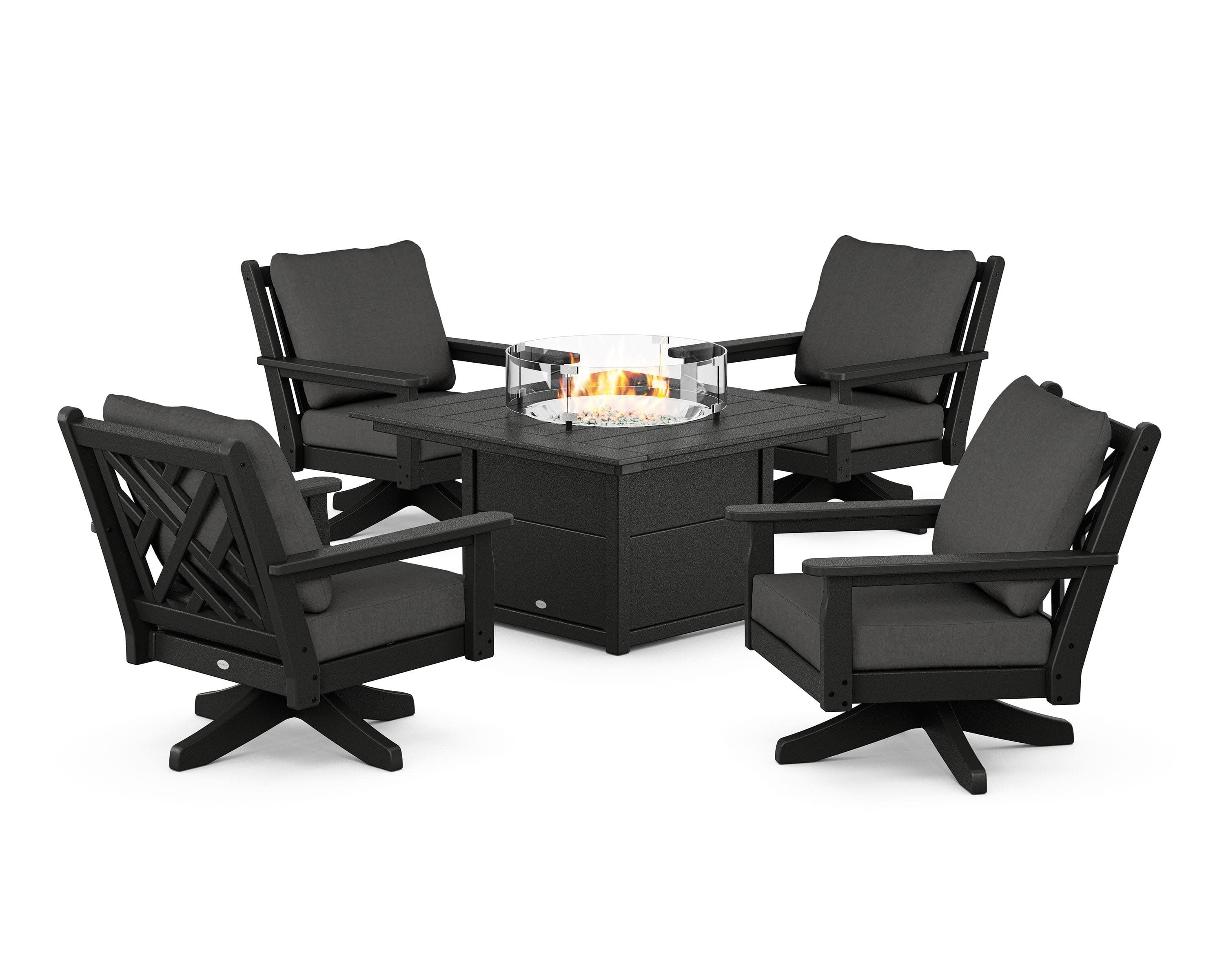 Chippendale 5-Piece Deep Seating Swivel Conversation Set with Fire Pit Table in Black / Spectrum Carbon