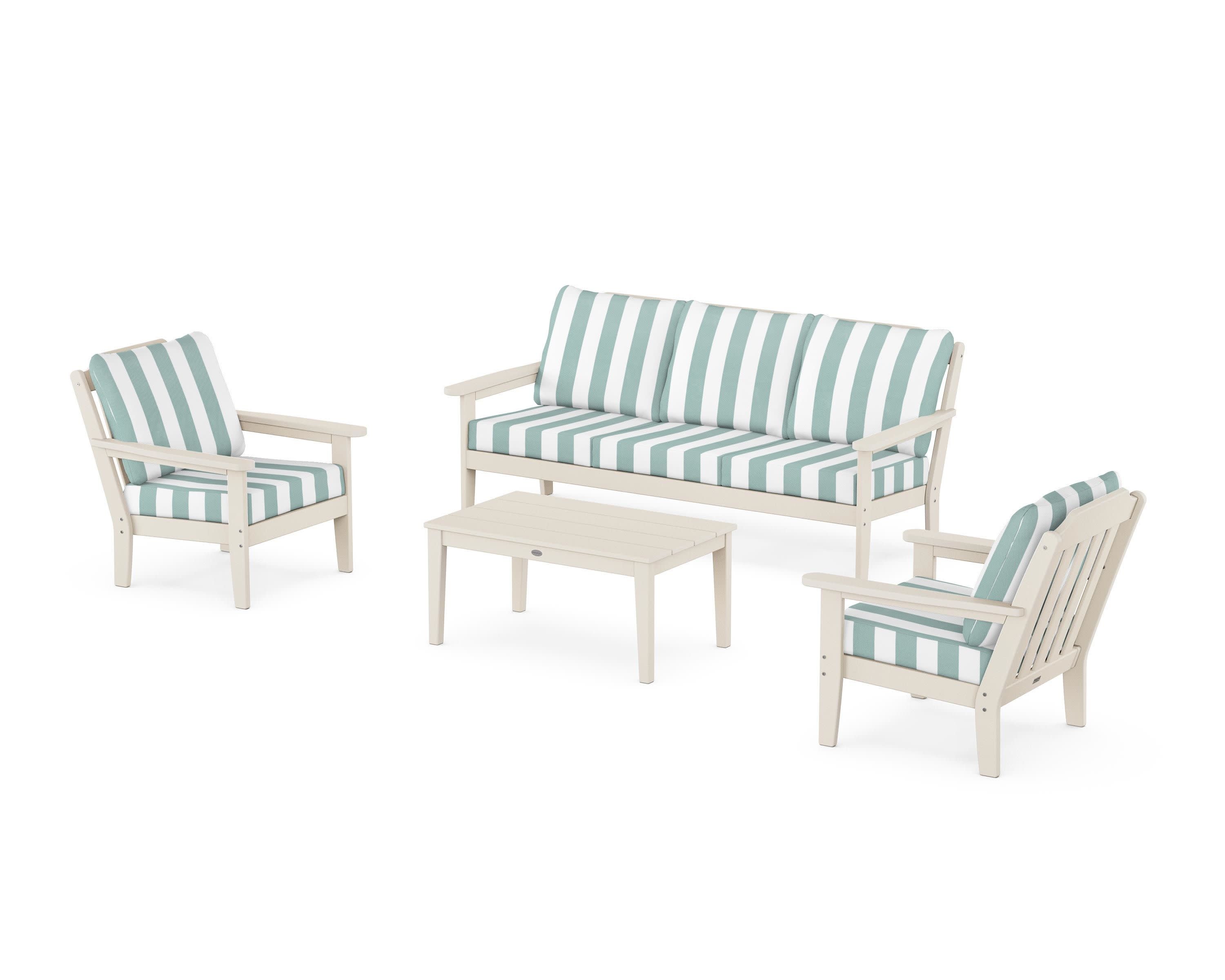 Cottage 4-Piece Deep Seating Set with Sofa in Sand / Cabana Stripe Glacier Spa