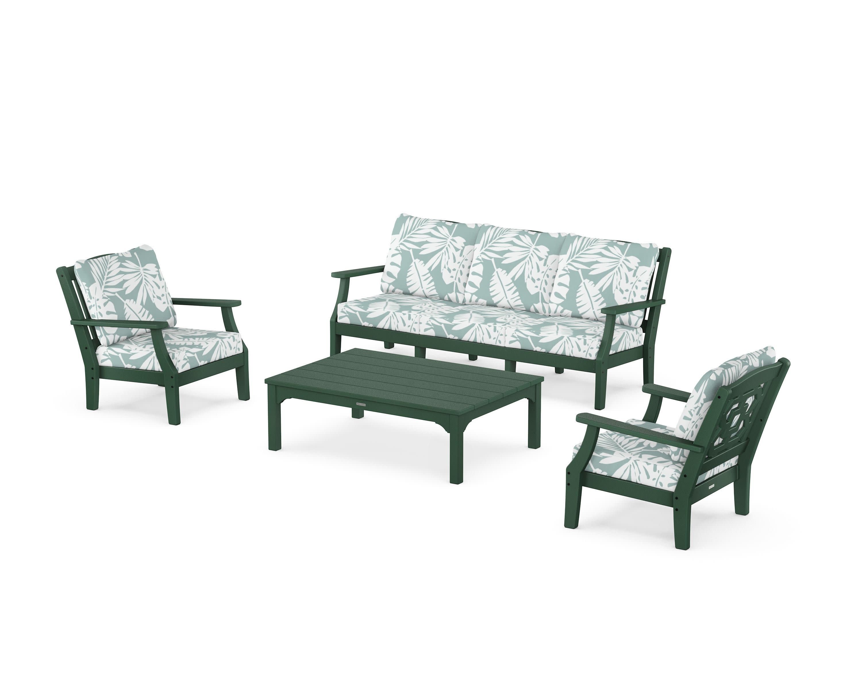 Chinoiserie 4-Piece Deep Seating Set with Sofa in Green / Leaf Glacier Spa