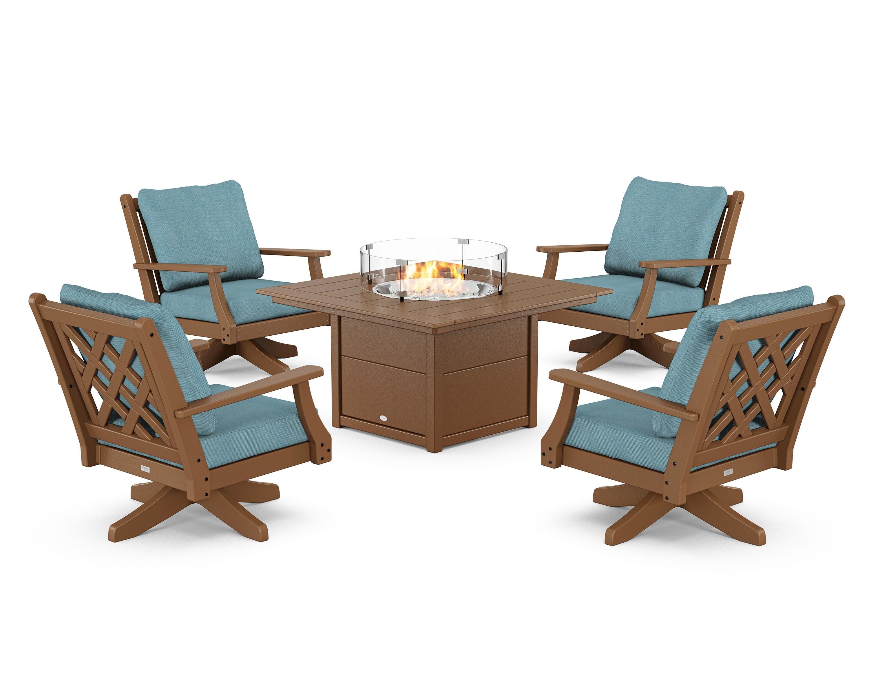 Wovendale 5-Piece Deep Seating Swivel Conversation Set with Fire Pit Table in Teak / Lattice Sky Blue