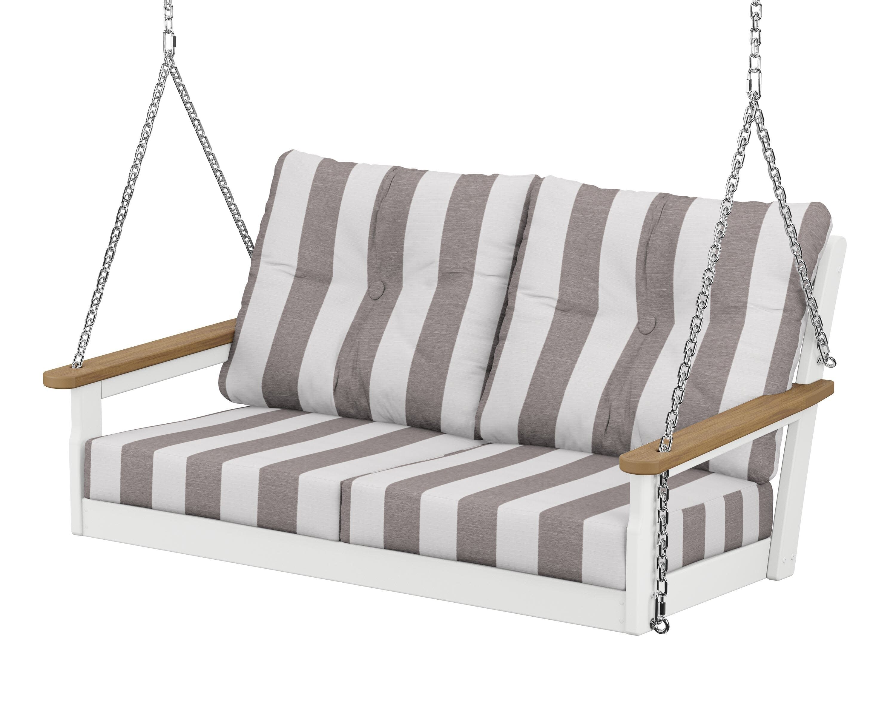 Vineyard Deep Seating Swing in White / Natural / Cabana Stripe Grey Mist