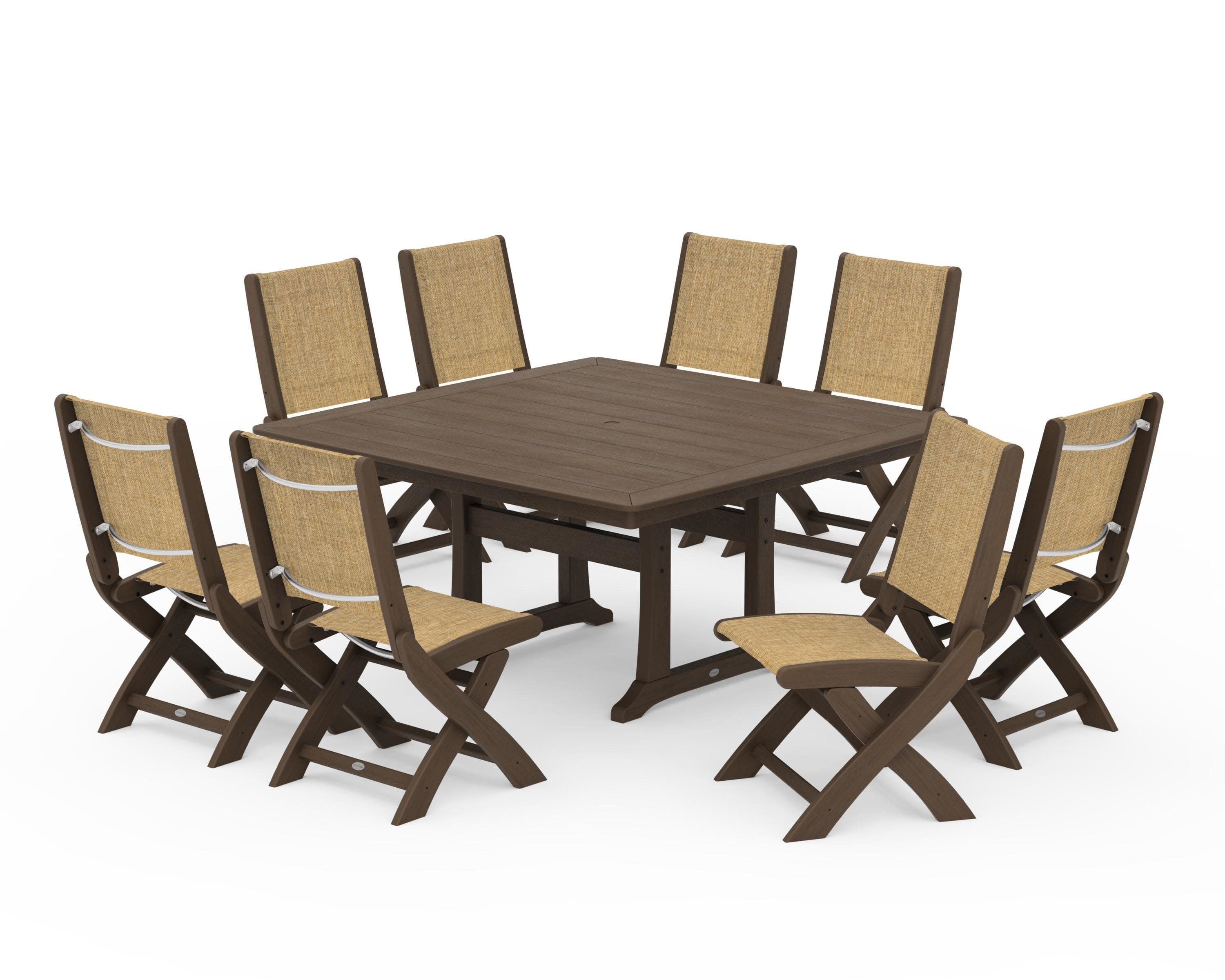 Coastal Folding Side Chair 9-Piece Dining Set with Trestle Legs in Kona / Burlap Sling