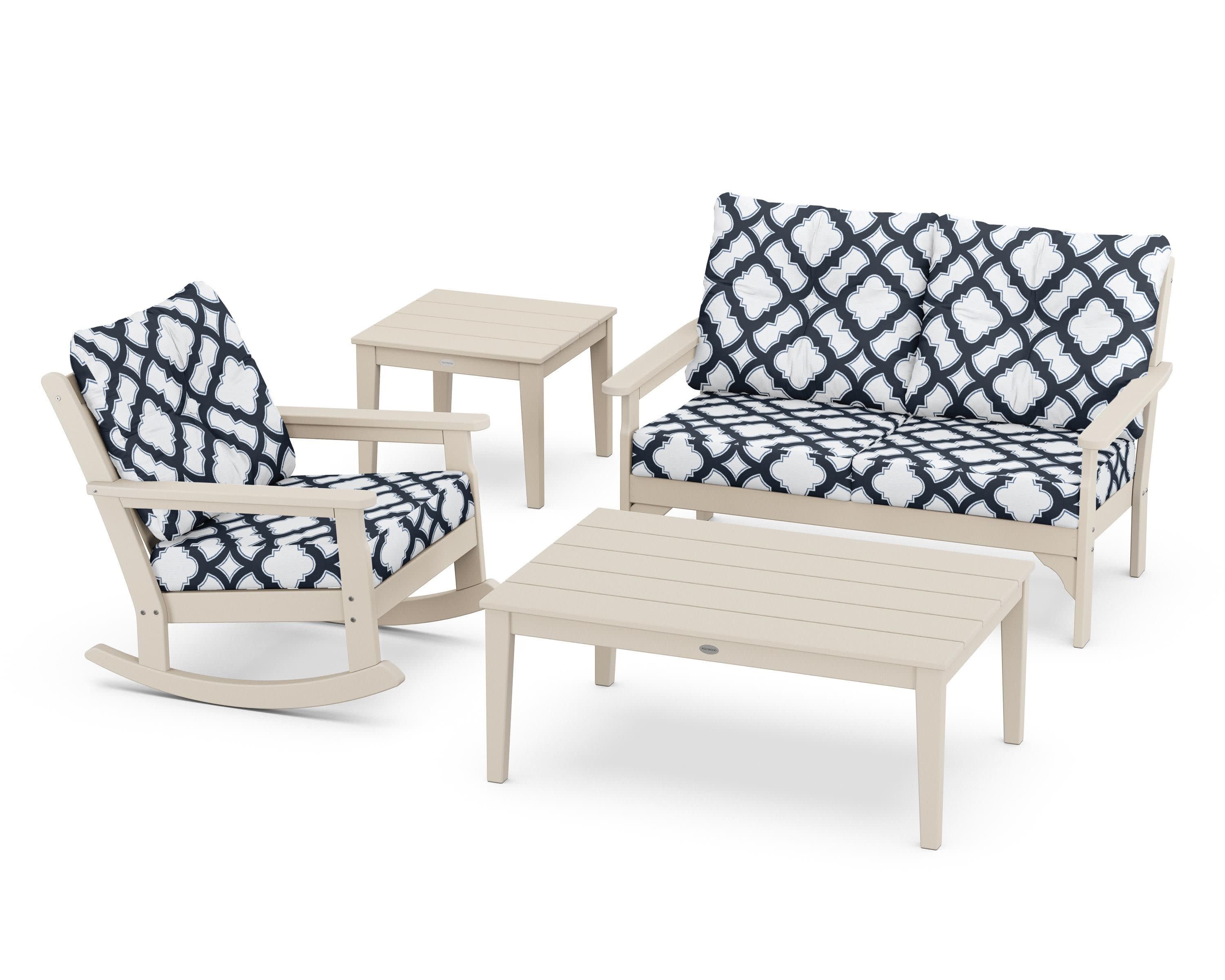 Vineyard 4-Piece Deep Seating Rocker Set in Sand / Trellis Marine Indigo