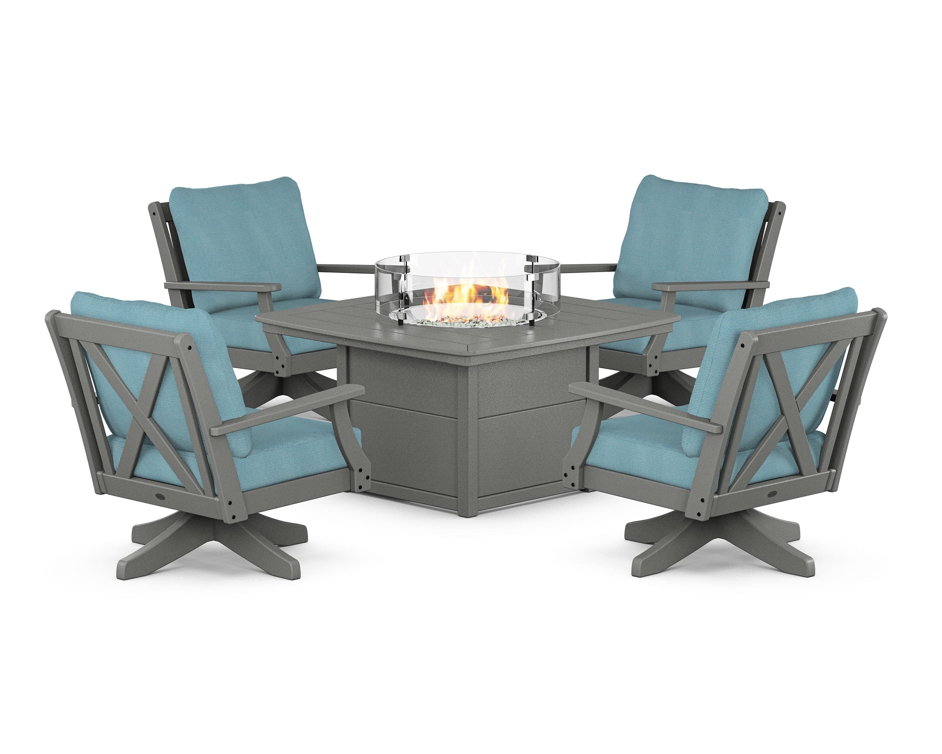 Braxton 5-Piece Deep Seating Swivel Conversation Set with Fire Pit Table in Slate Grey / Lattice Sky Blue