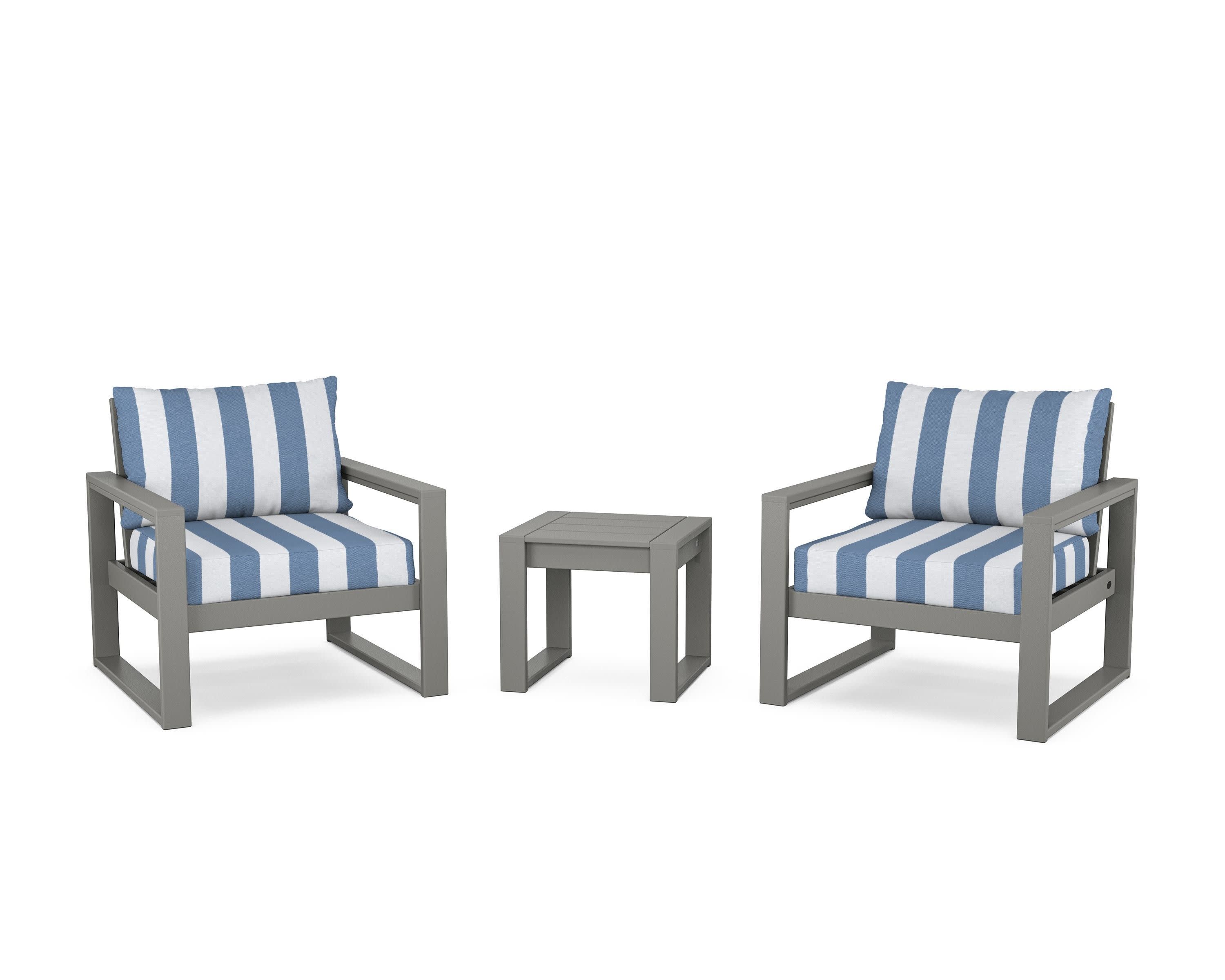 EDGE Sectional 3-Piece Deep Seating Set in Slate Grey / Cabana Stripe Sky Blue