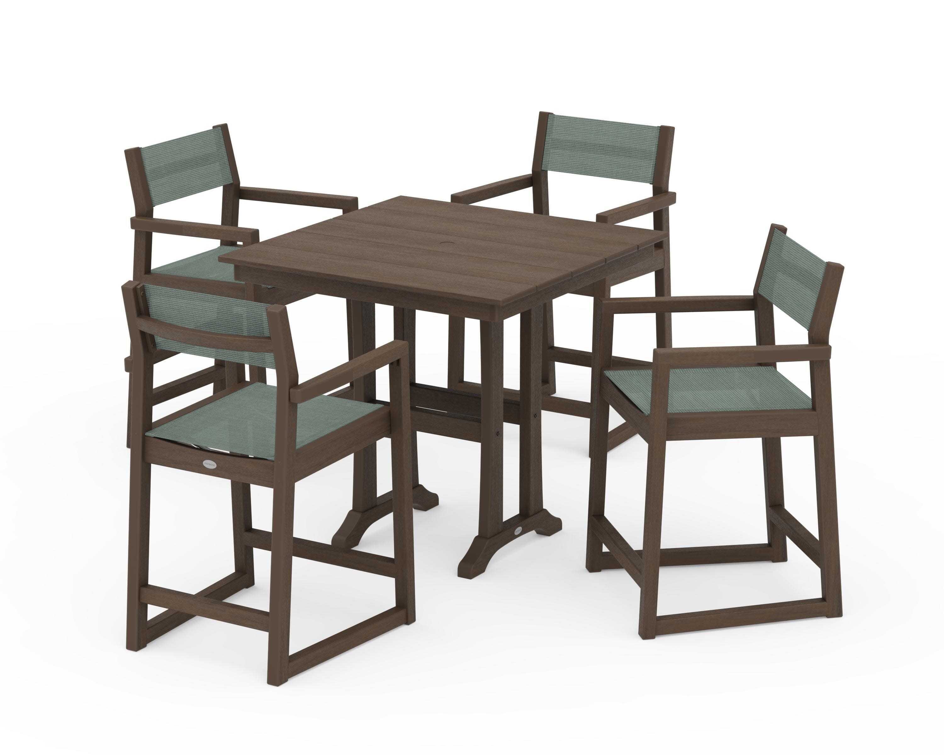 EDGE Sling Arm Chair 5-Piece Farmhouse Counter Set with Trestle Legs in Kona / Dupioni Sea Mist Sling