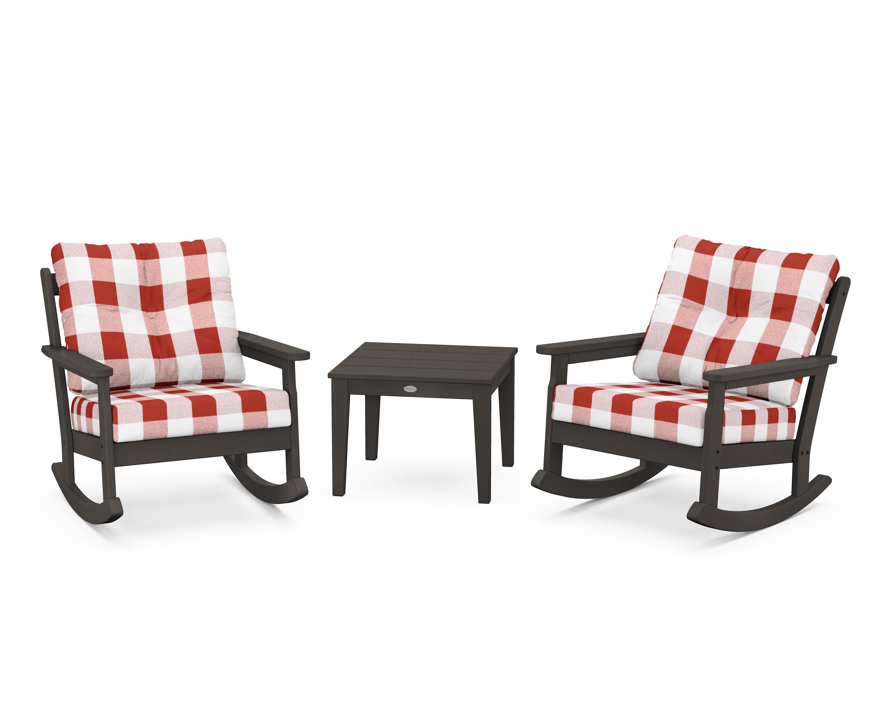 Vineyard 3-Piece Deep Seating Rocker Set in Vintage Coffee / Buffalo Plaid Crimson