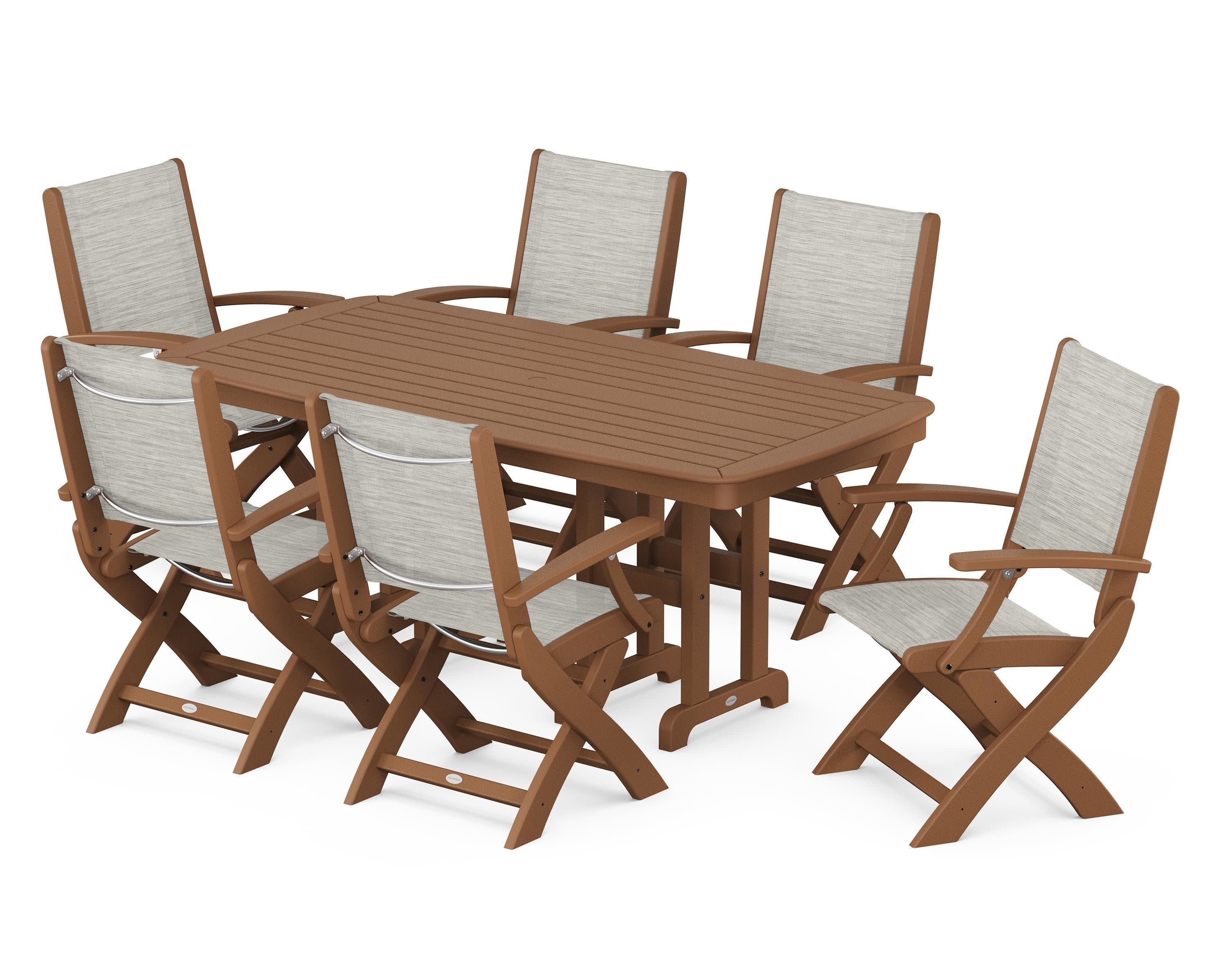 Coastal Folding Arm Chair 7-Piece Dining Set in Teak / Birch Sling