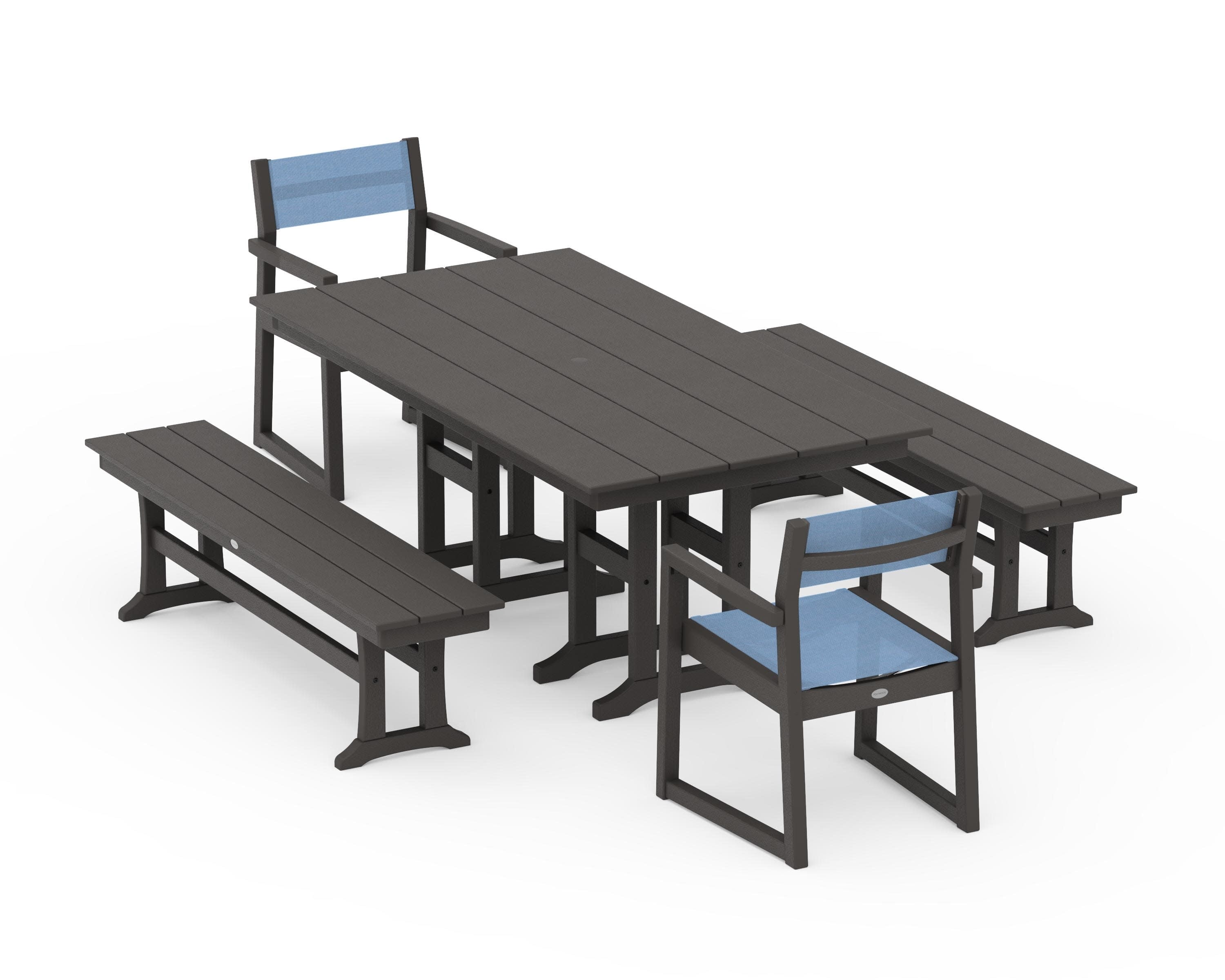 EDGE Sling Arm Chair 5-Piece Farmhouse Dining Set with Benches in Vintage Coffee / Poolside Sling