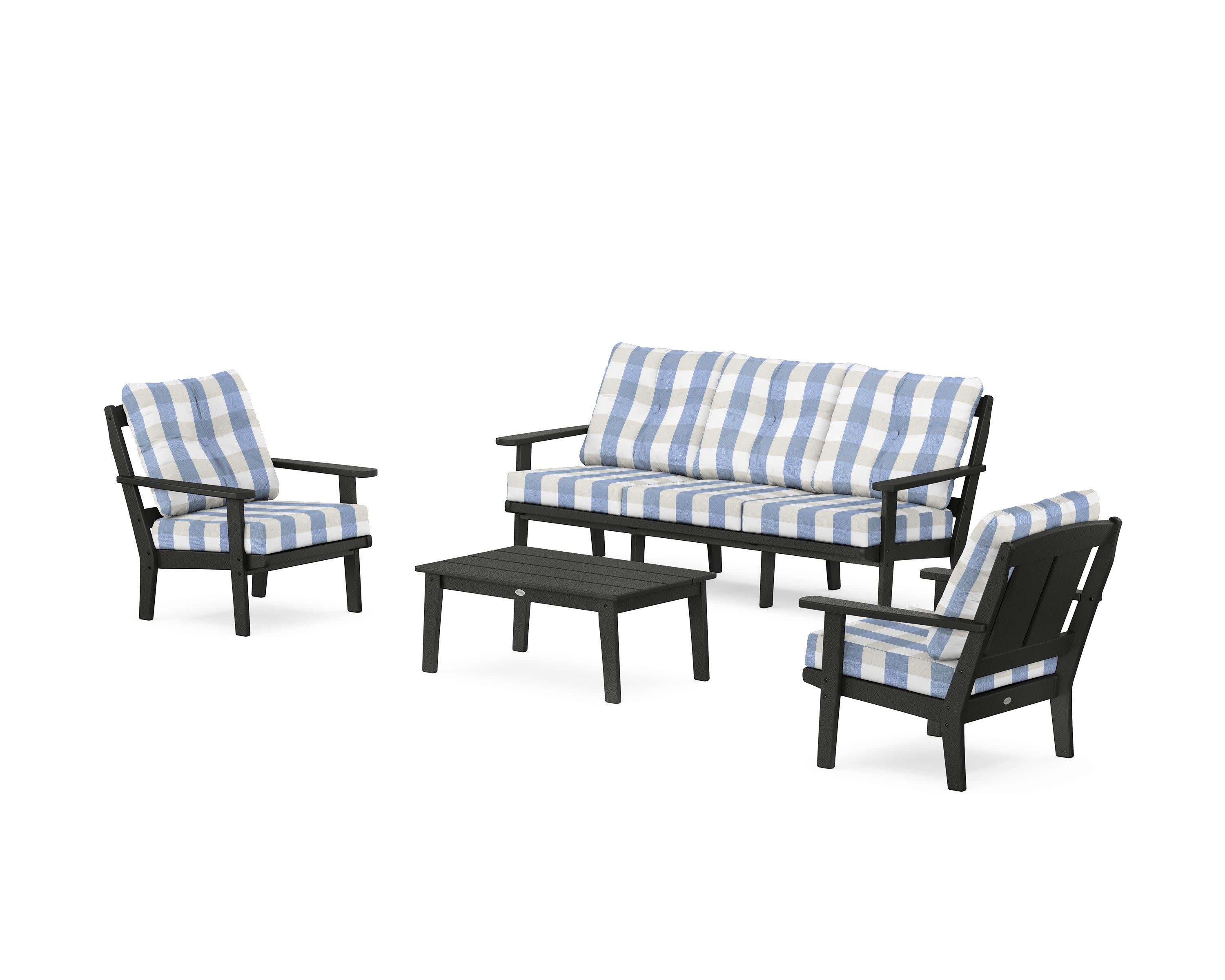 Mission 4-Piece Deep Seating Set with Sofa in Black / Buffalo Plaid Sky Blue