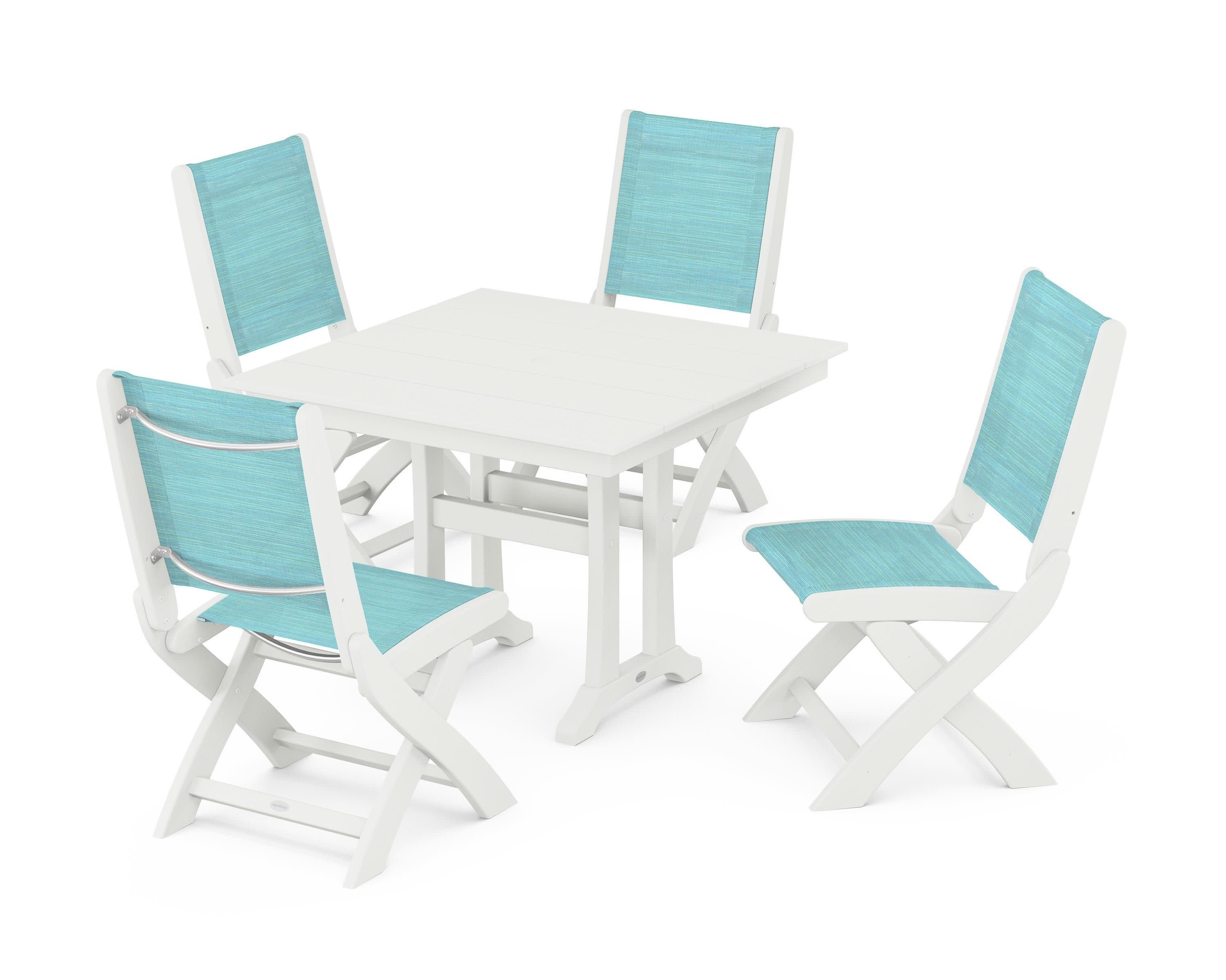 Coastal Folding Side Chair 5-Piece Farmhouse Dining Set With Trestle Legs in Vintage White / Dupioni Aquamarine Sling