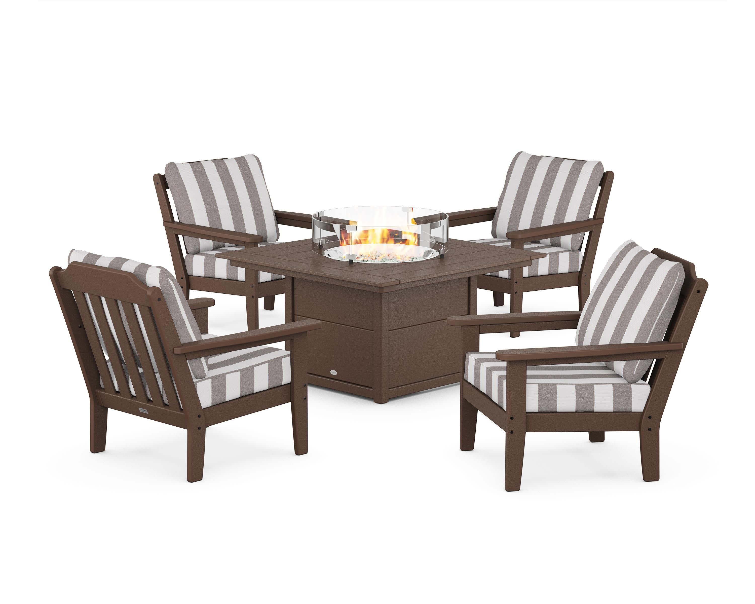Cottage 5-Piece Deep Seating Set with Fire Pit Table in Mahogany / Cabana Stripe Grey Mist