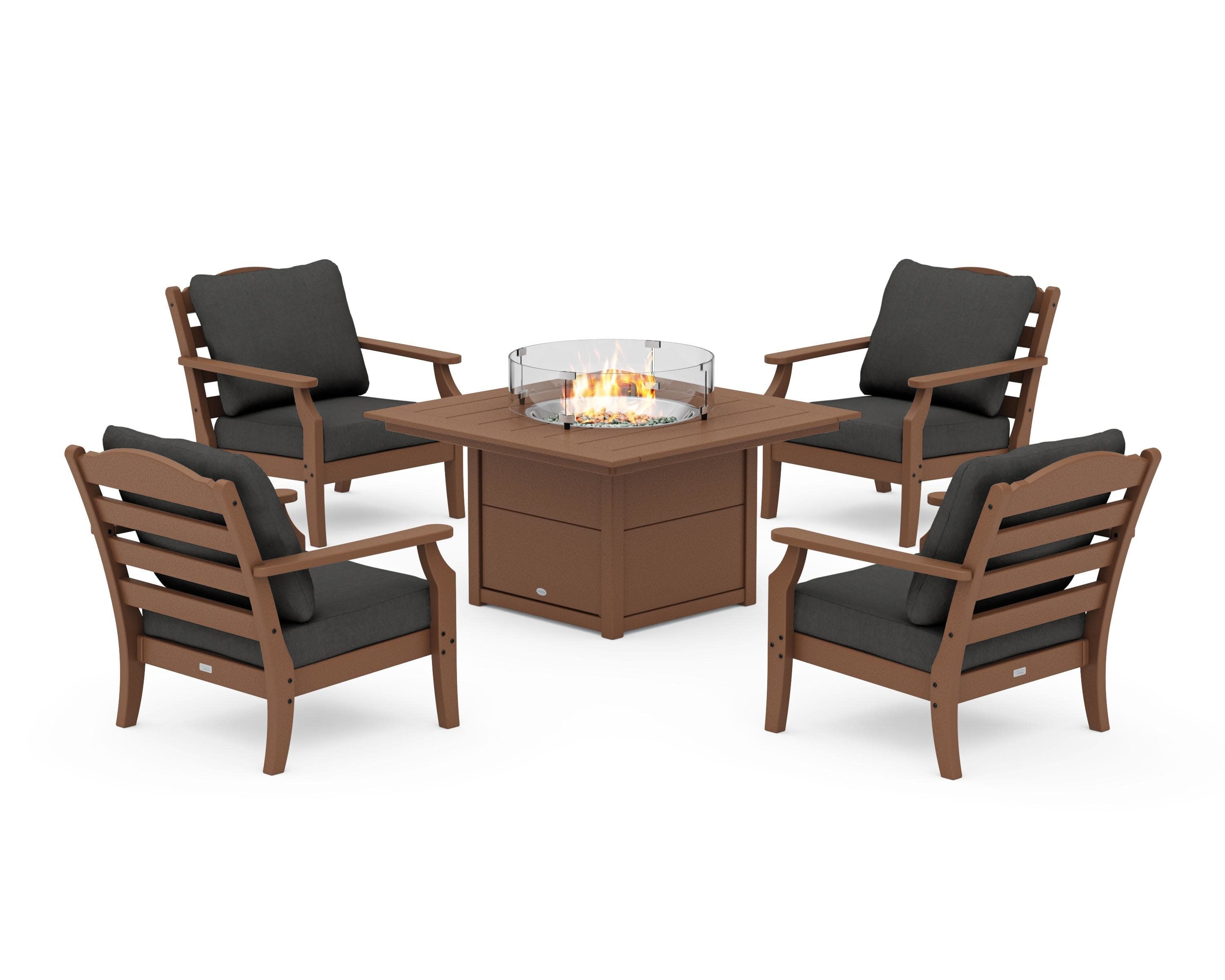 Savannah 5-Piece Deep Seating Set with Fire Pit Table in Teak / Spectrum Carbon