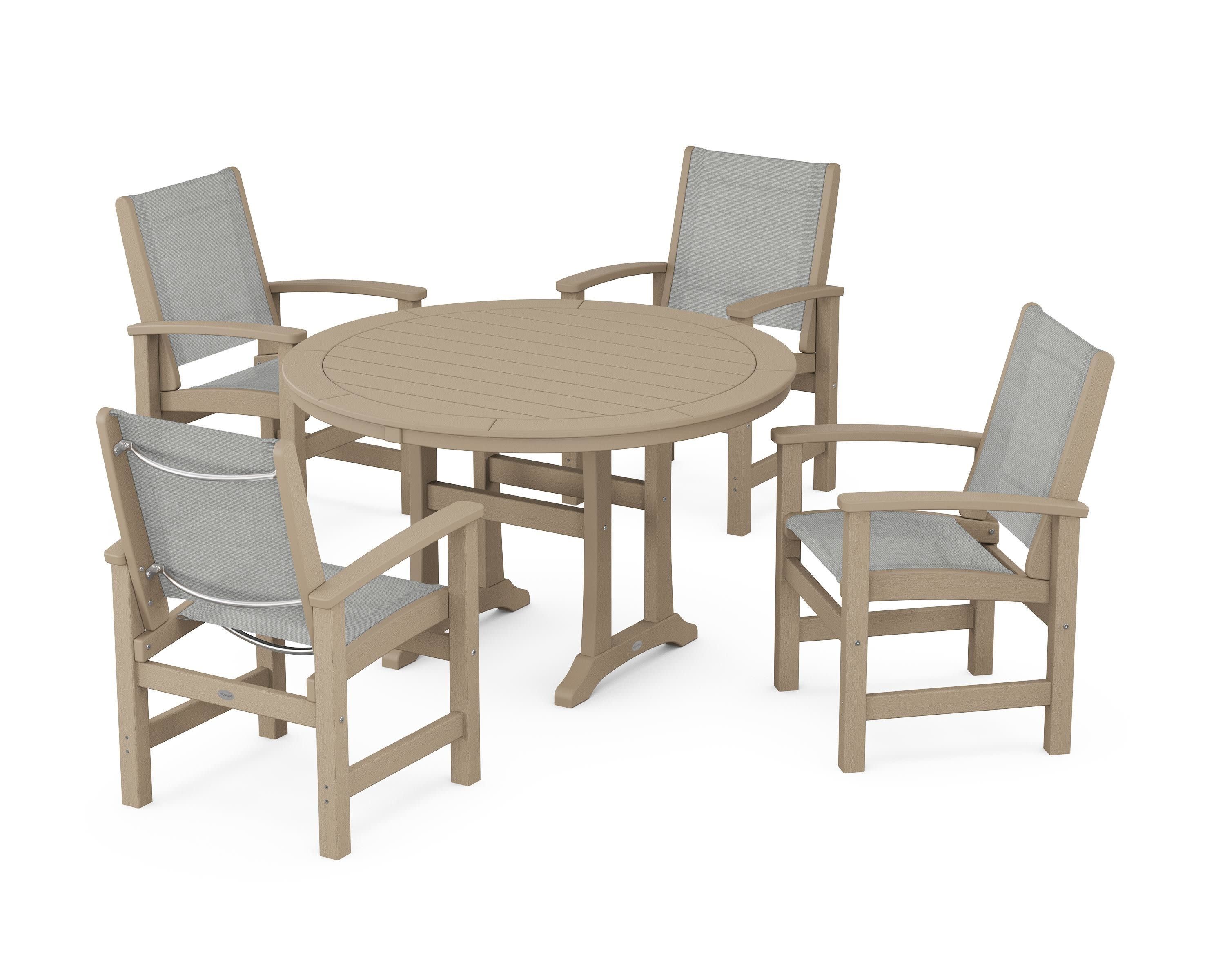 Coastal 5-Piece Round Dining Set with Trestle Legs in Vintage Sahara / Metallic Sling