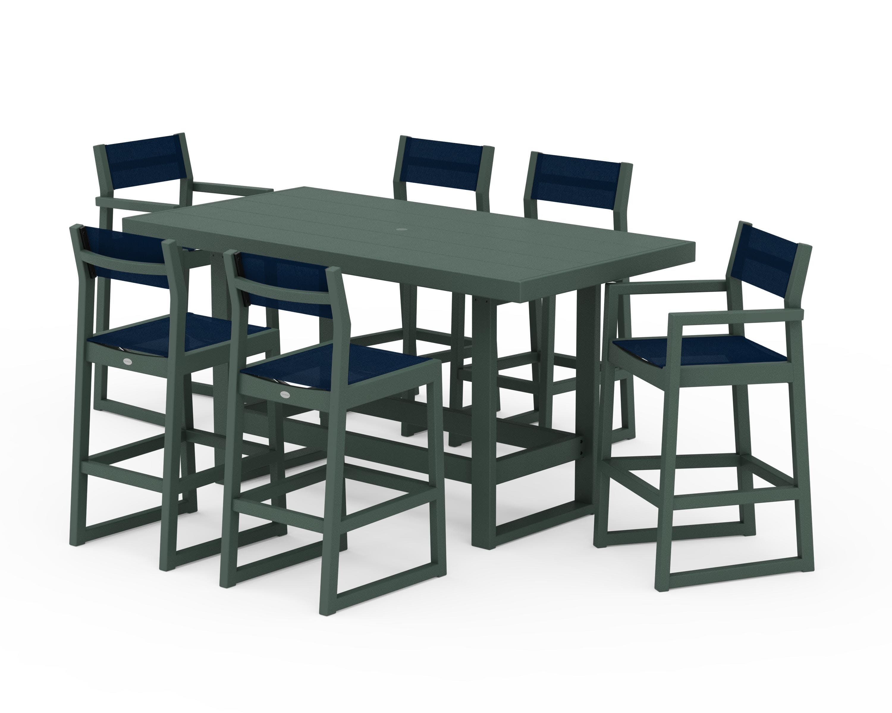 EDGE Sling 7-Piece Bar Table Set in Green / Navy Blue Sling