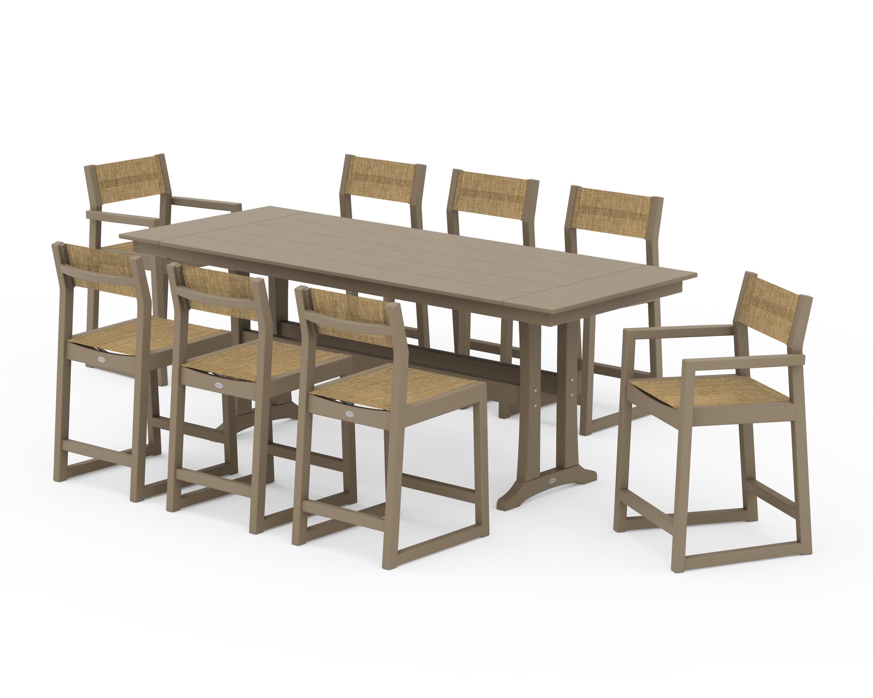 EDGE Sling 9-Piece Farmhouse Counter Set with Trestle Legs in Vintage Sahara / Burlap Sling