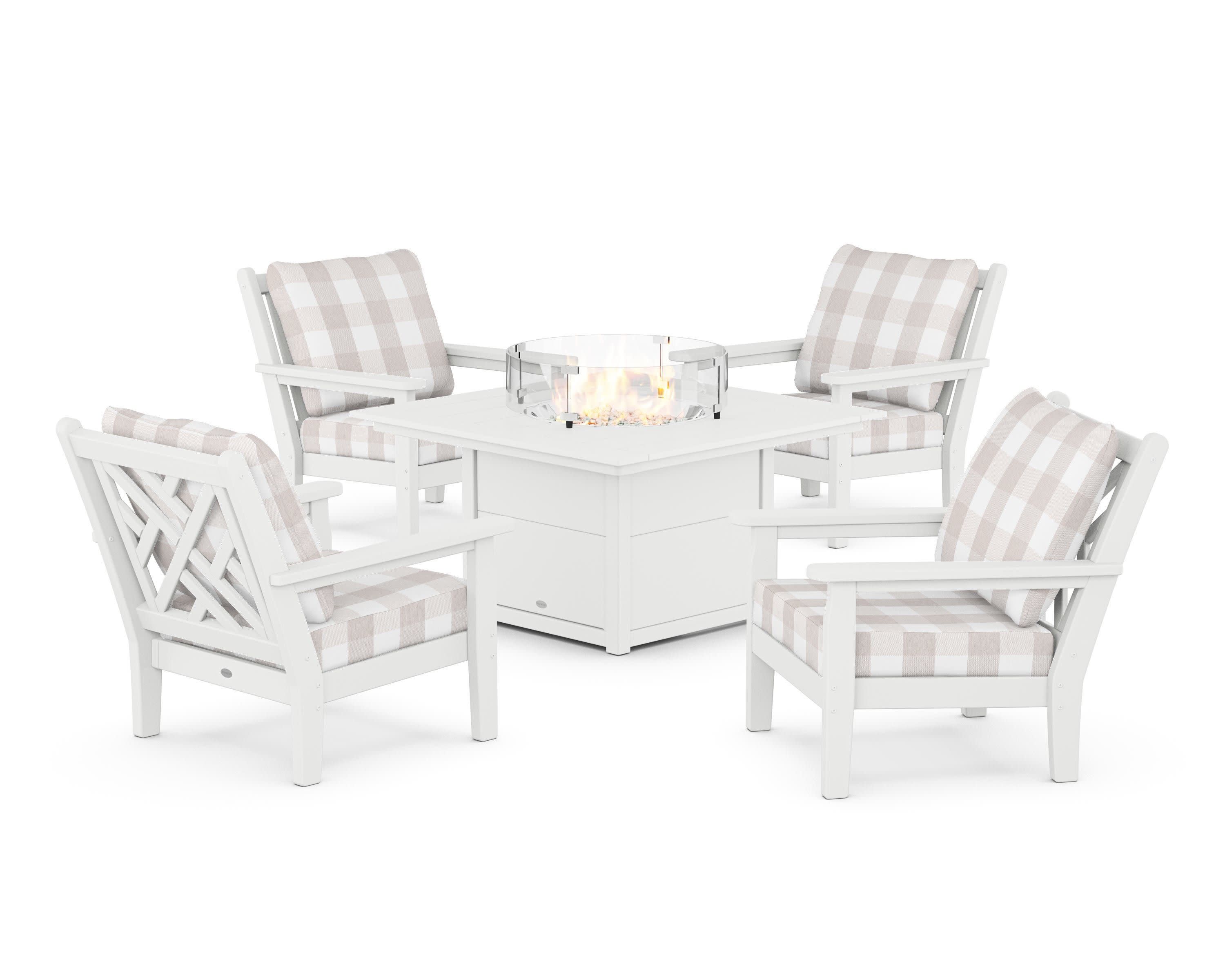Chippendale 5-Piece Deep Seating Set with Fire Pit Table in White / Buffalo Plaid Dune Burlap