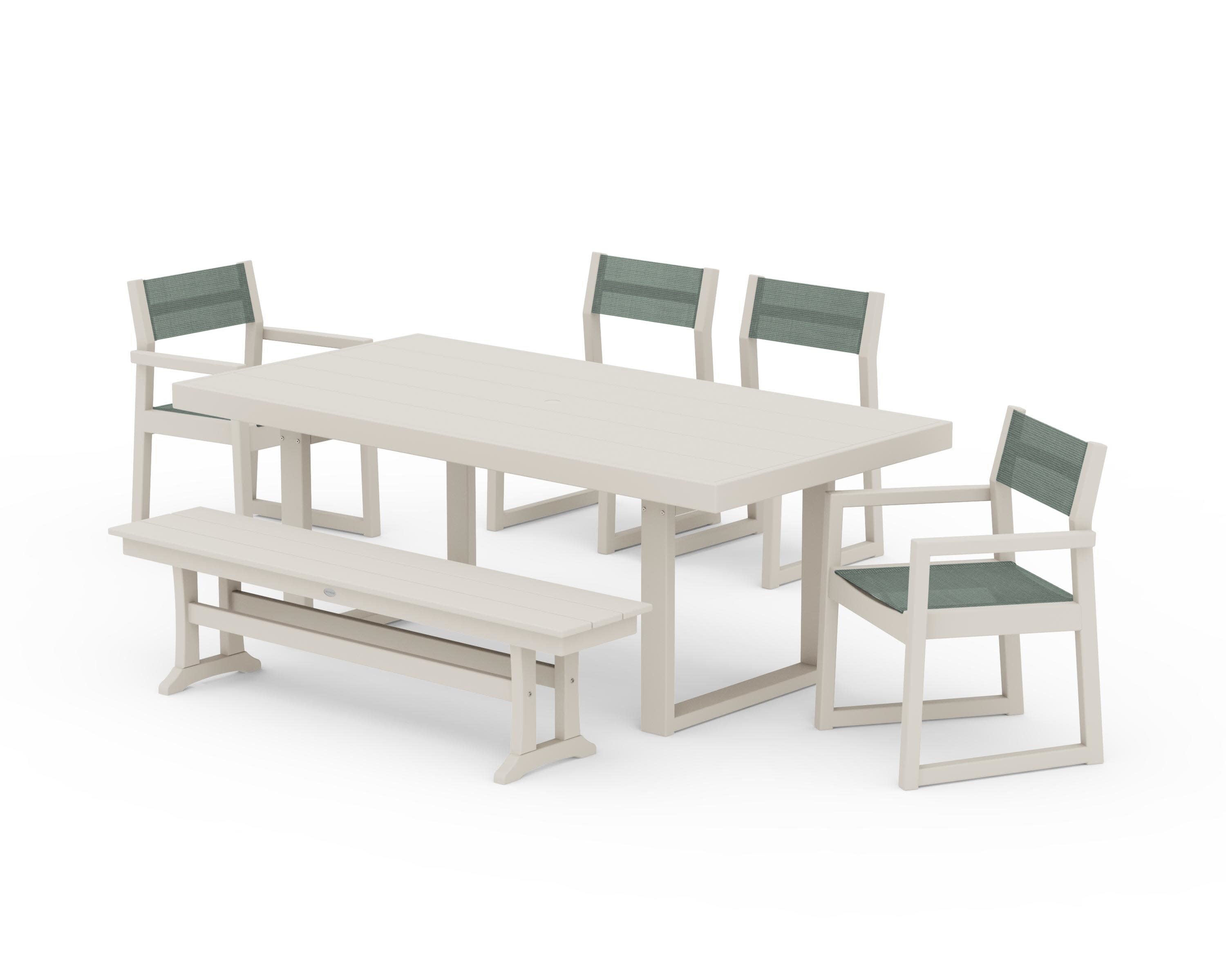EDGE Sling 6-Piece Dining Set with Bench in Sand / Dupioni Sea Mist Sling