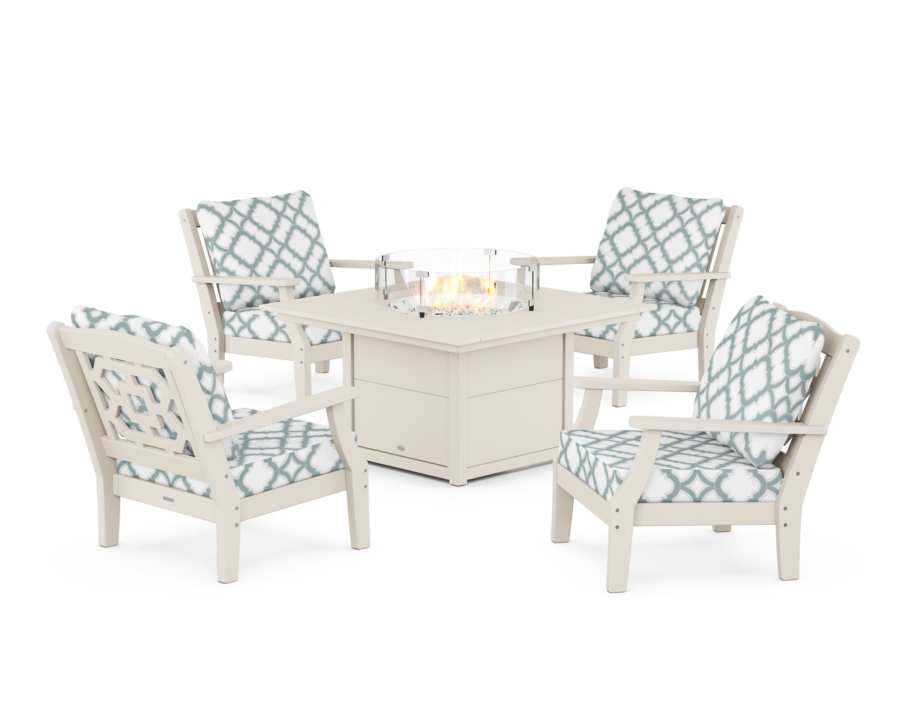 Chinoiserie 5-Piece Deep Seating Set with Fire Pit Table in Sand / Trellis Glacier Spa