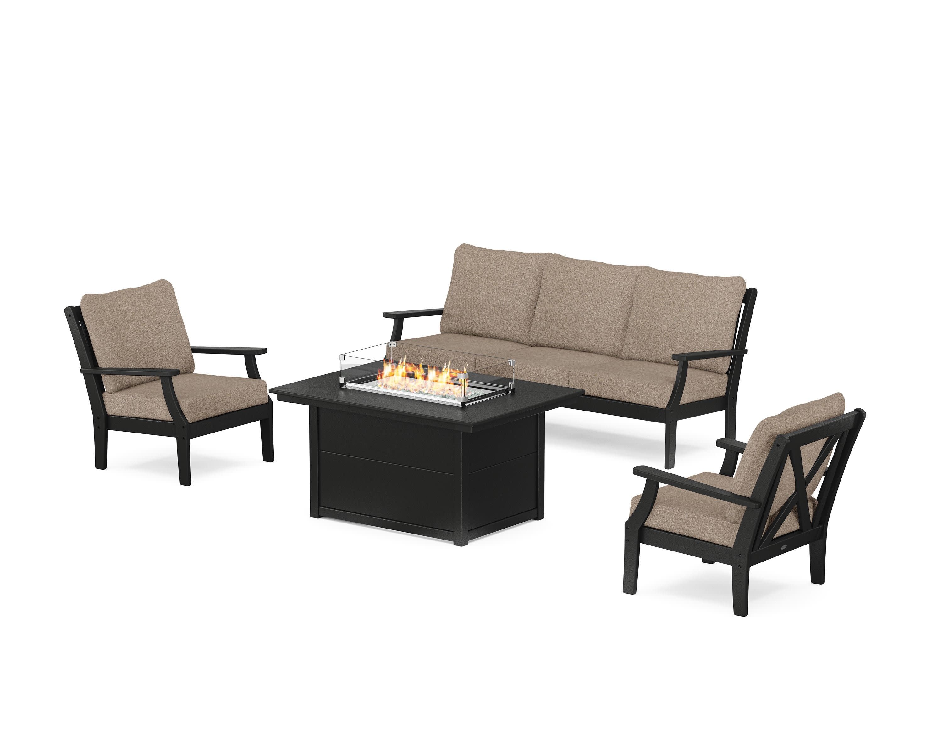 Braxton Deep Seating Fire Pit Table Set in Black / Spiced Burlap