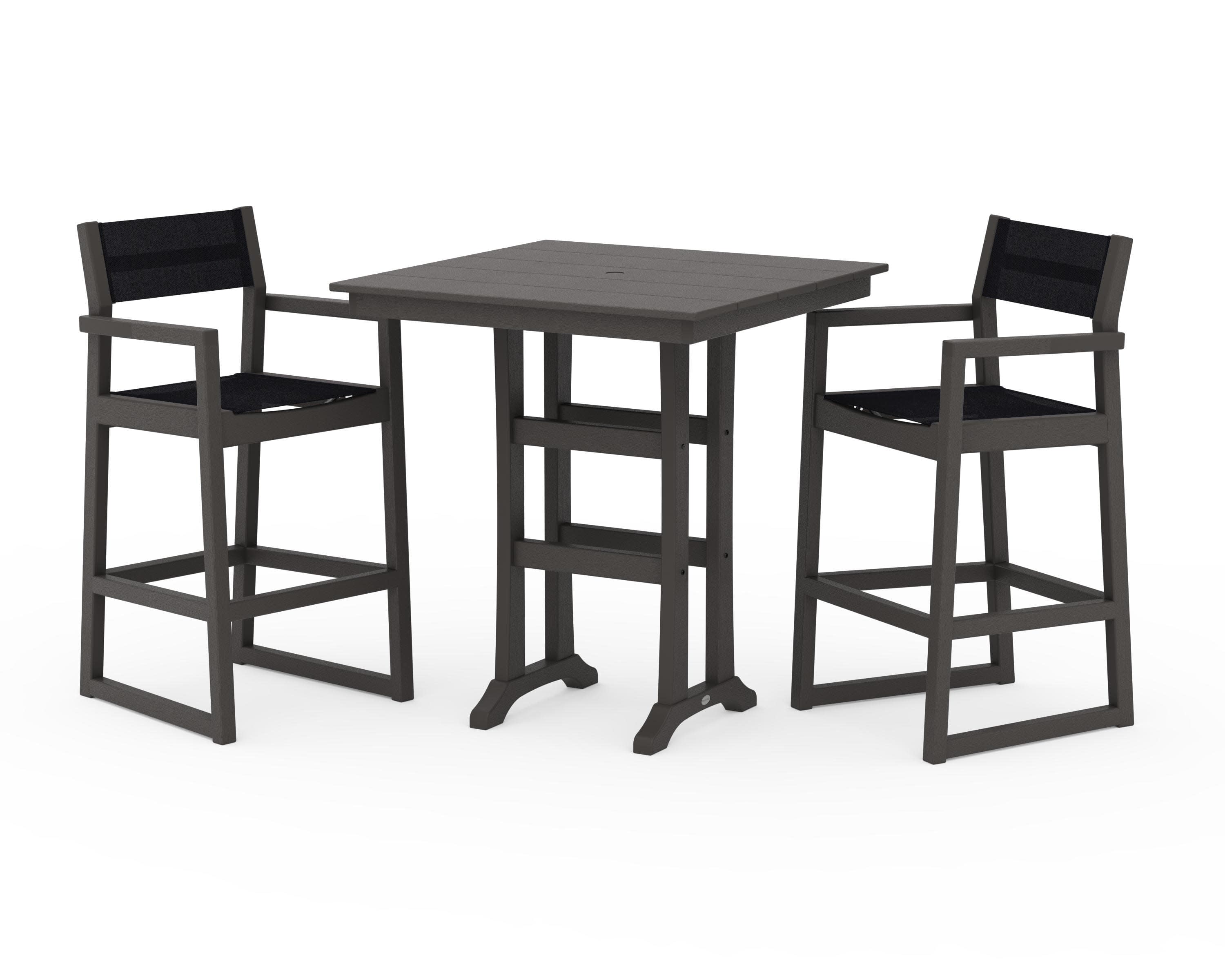 EDGE Sling Arm Chair 3-Piece Farmhouse Bar Set with Trestle Legs in Vintage Coffee / Black Sling