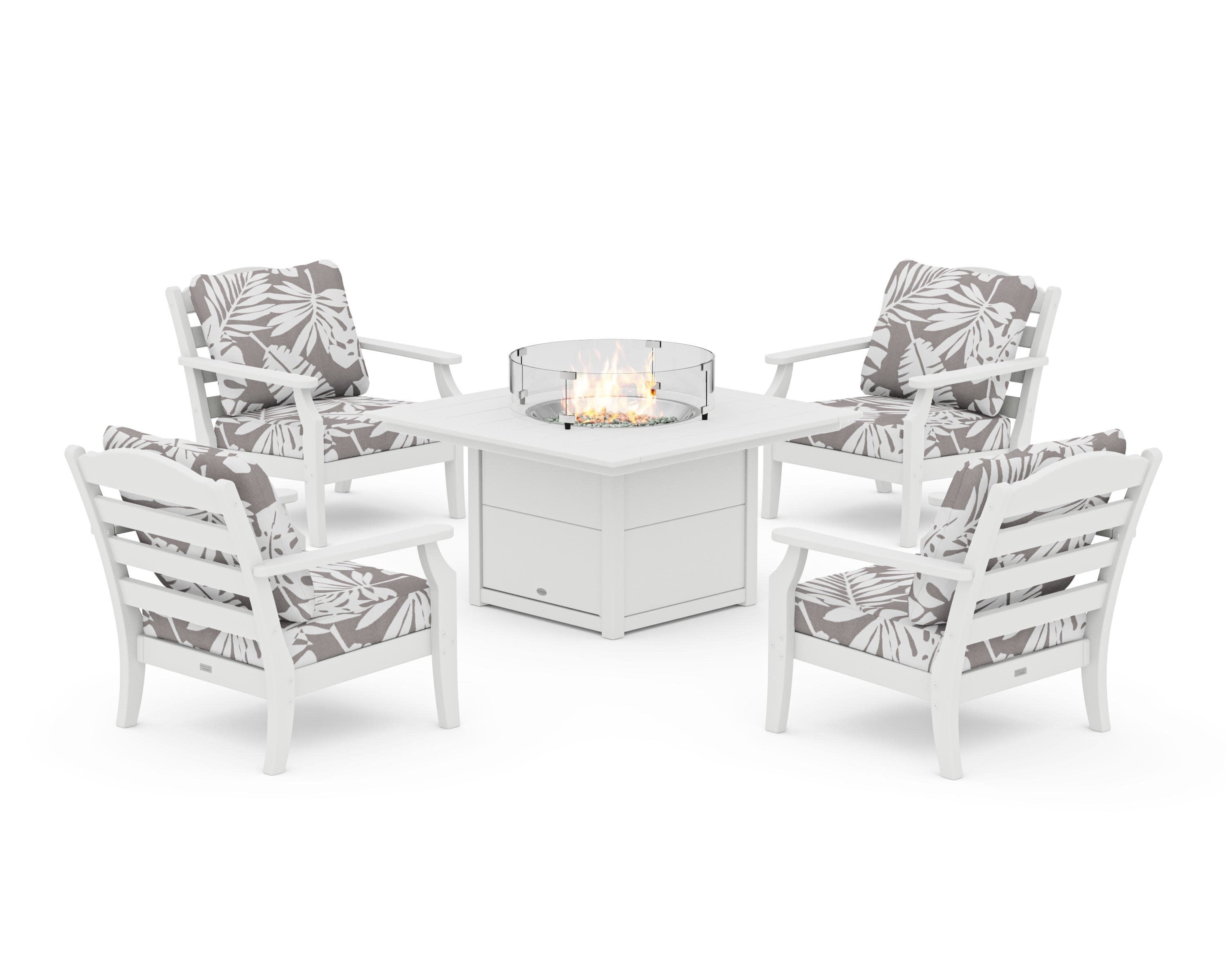 Savannah 5-Piece Deep Seating Set with Fire Pit Table in White / Leaf Grey Mist