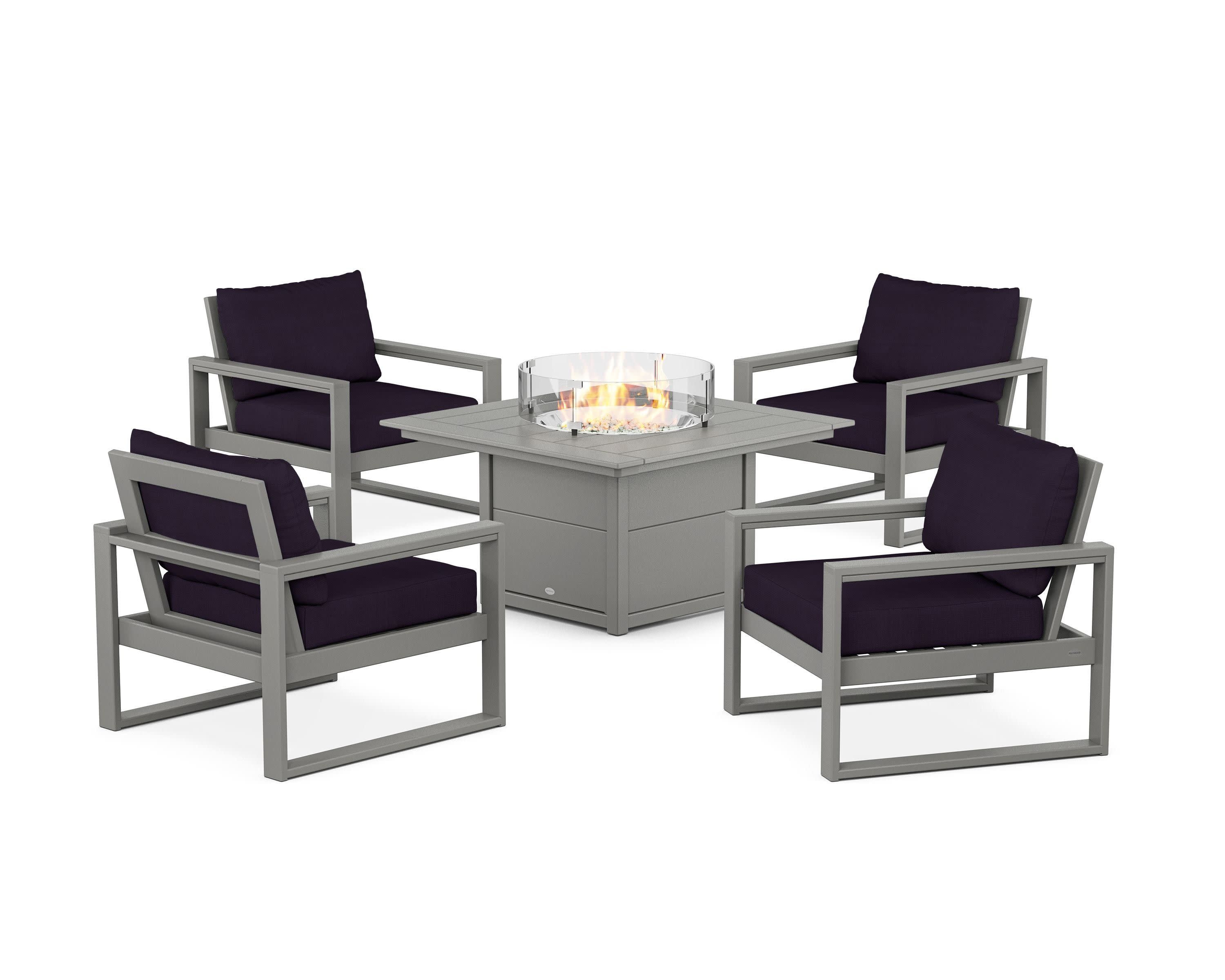 EDGE Sectional 5-Piece Deep Seating Set with Fire Pit Table in Slate Grey / Navy Linen