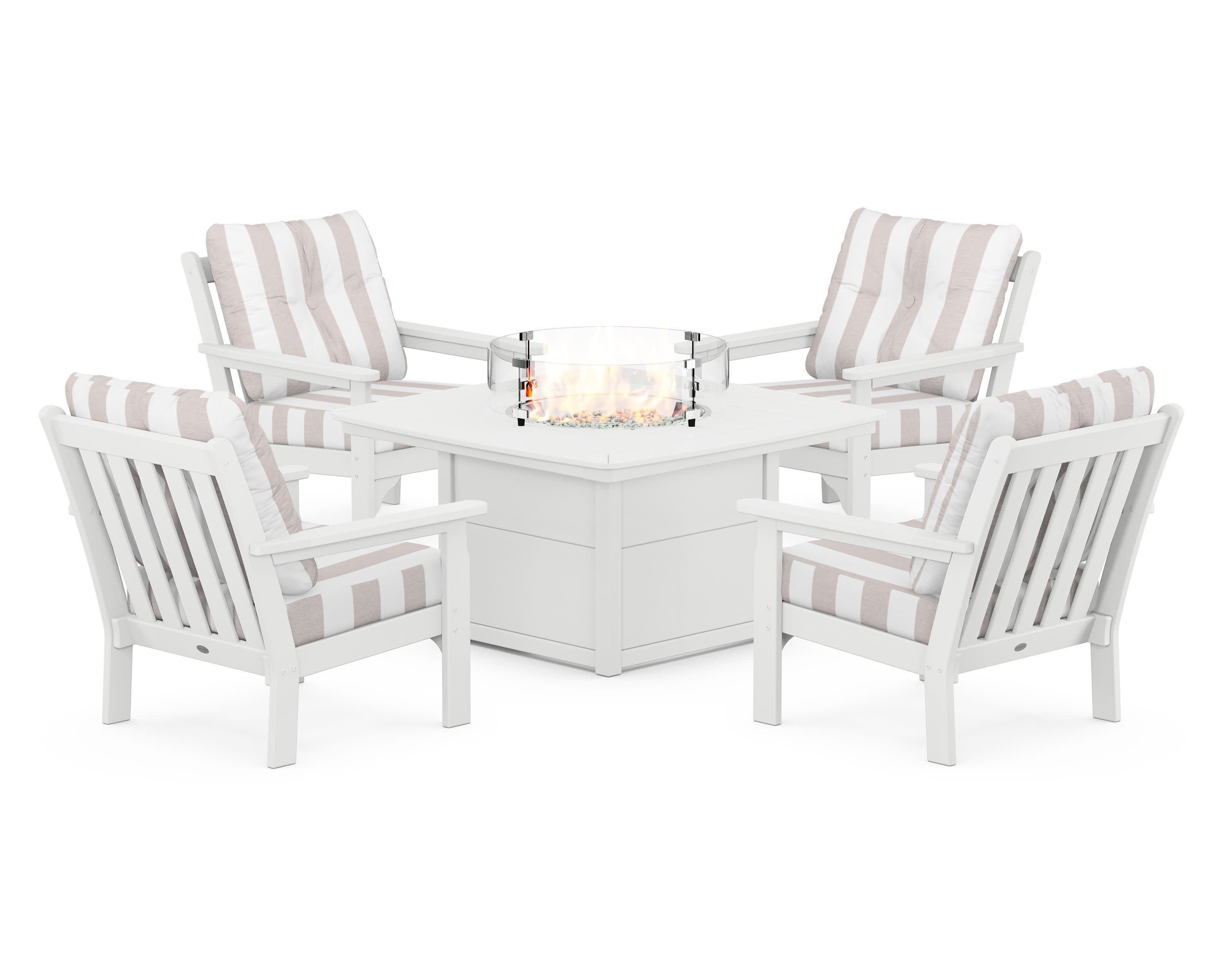 Vineyard 5-Piece Conversation Set with Fire Pit Table in White / Cabana Stripe Dune Burlap