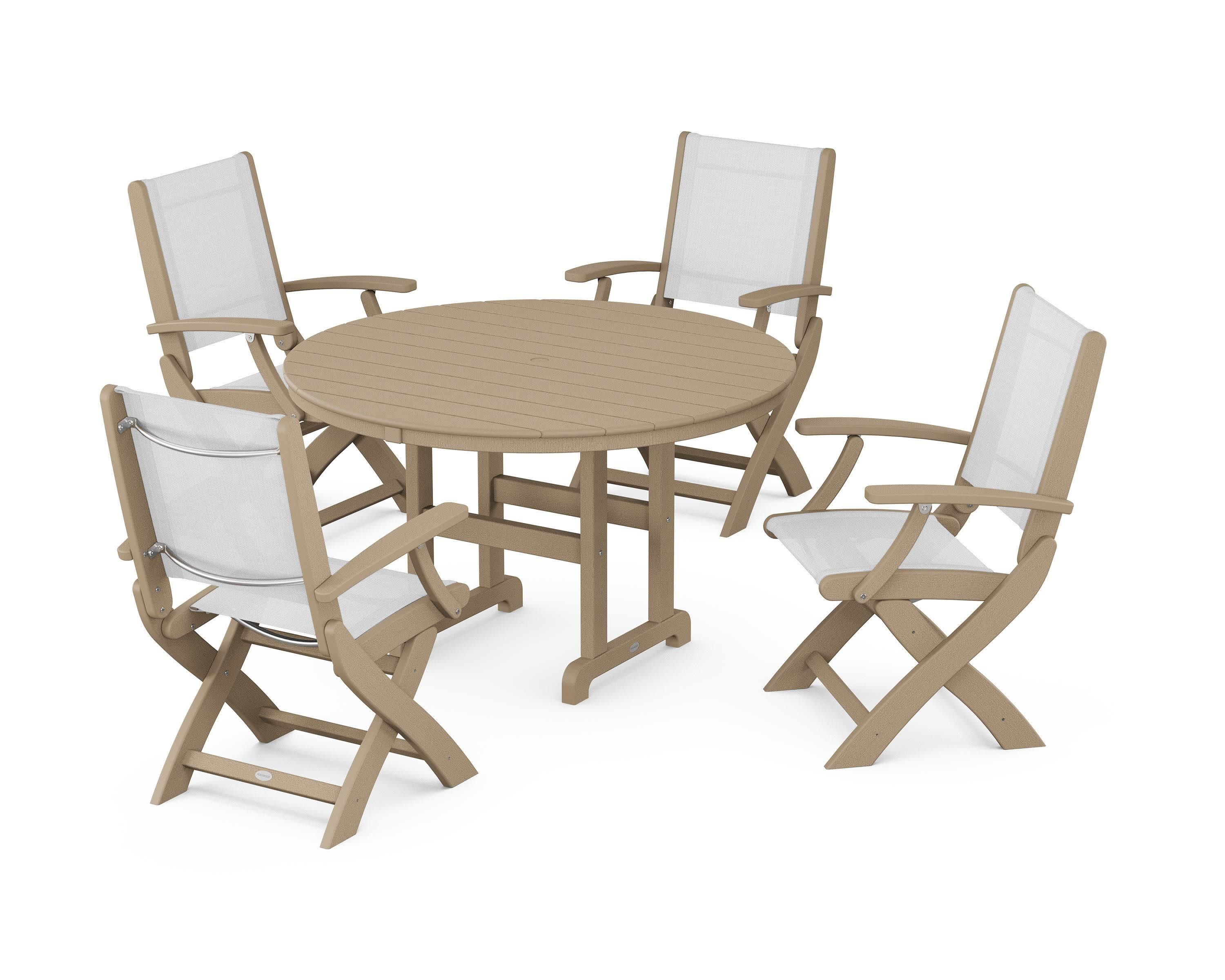 Coastal Folding Chair 5-Piece Round Dining Set in Vintage Sahara / White Sling