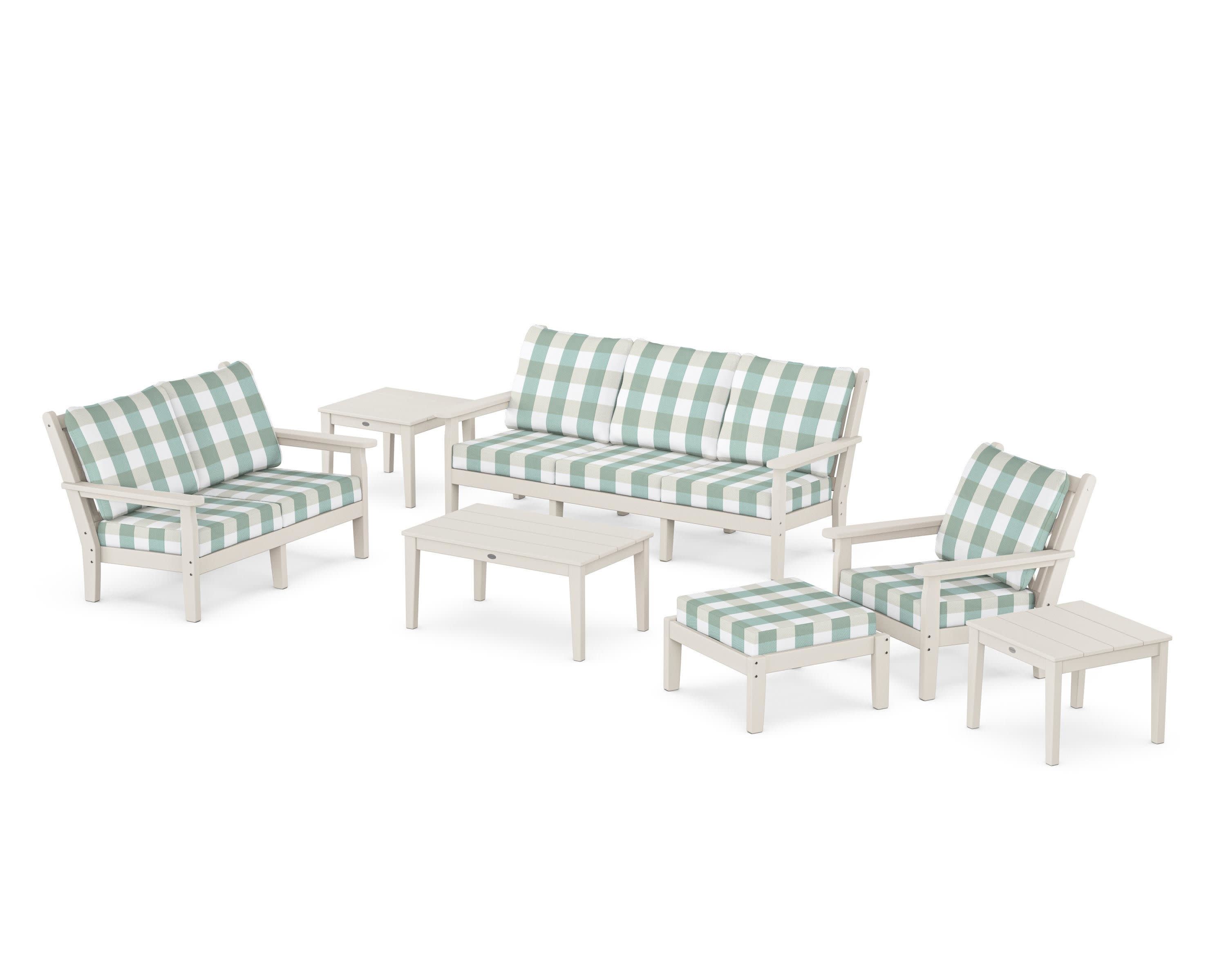 Chippendale 7-Piece Deep Seating Set in Sand / Buffalo Plaid Glacier Spa