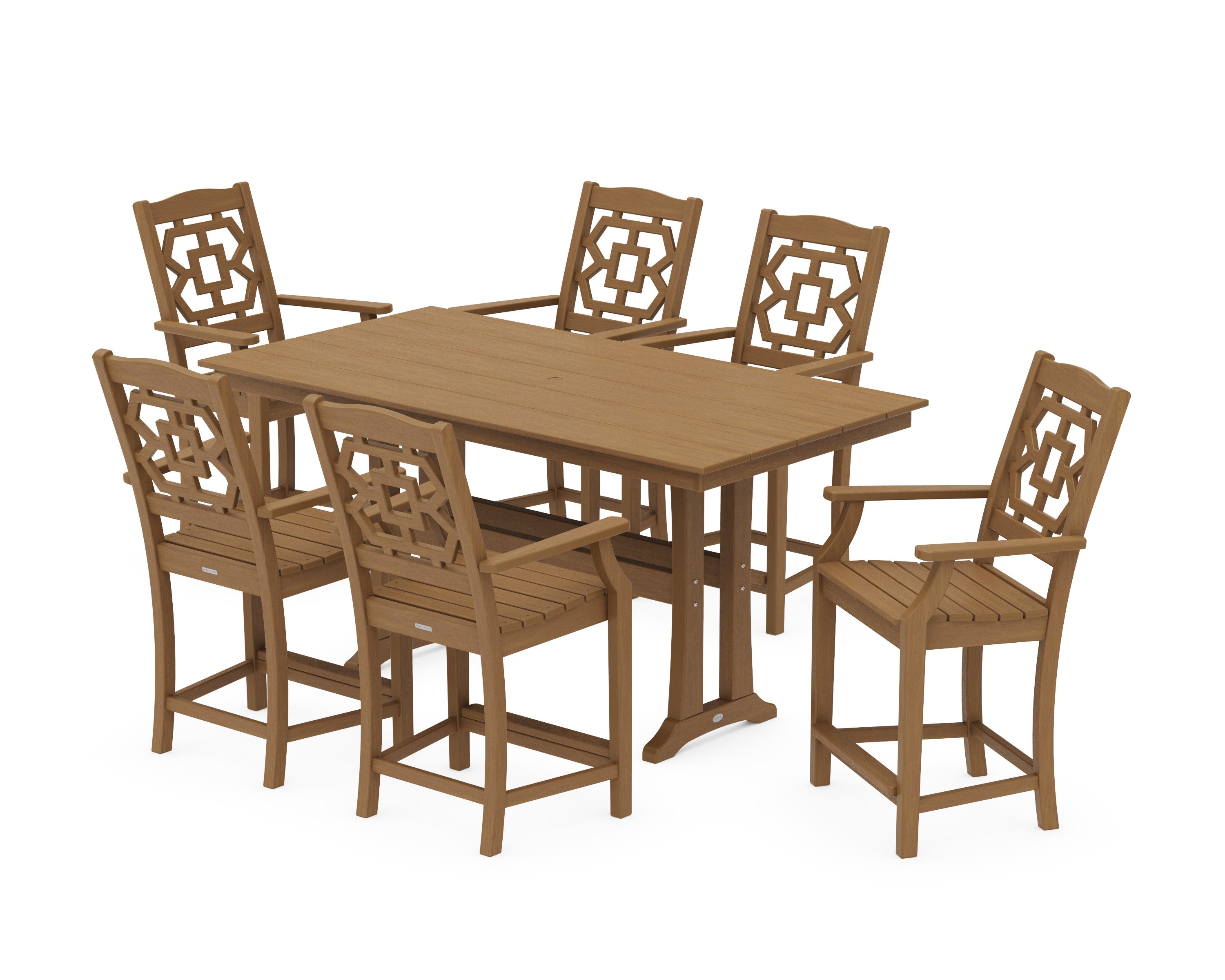 Chinoiserie Arm Chair 7-Piece Farmhouse Counter Set with Trestle Legs in Natural