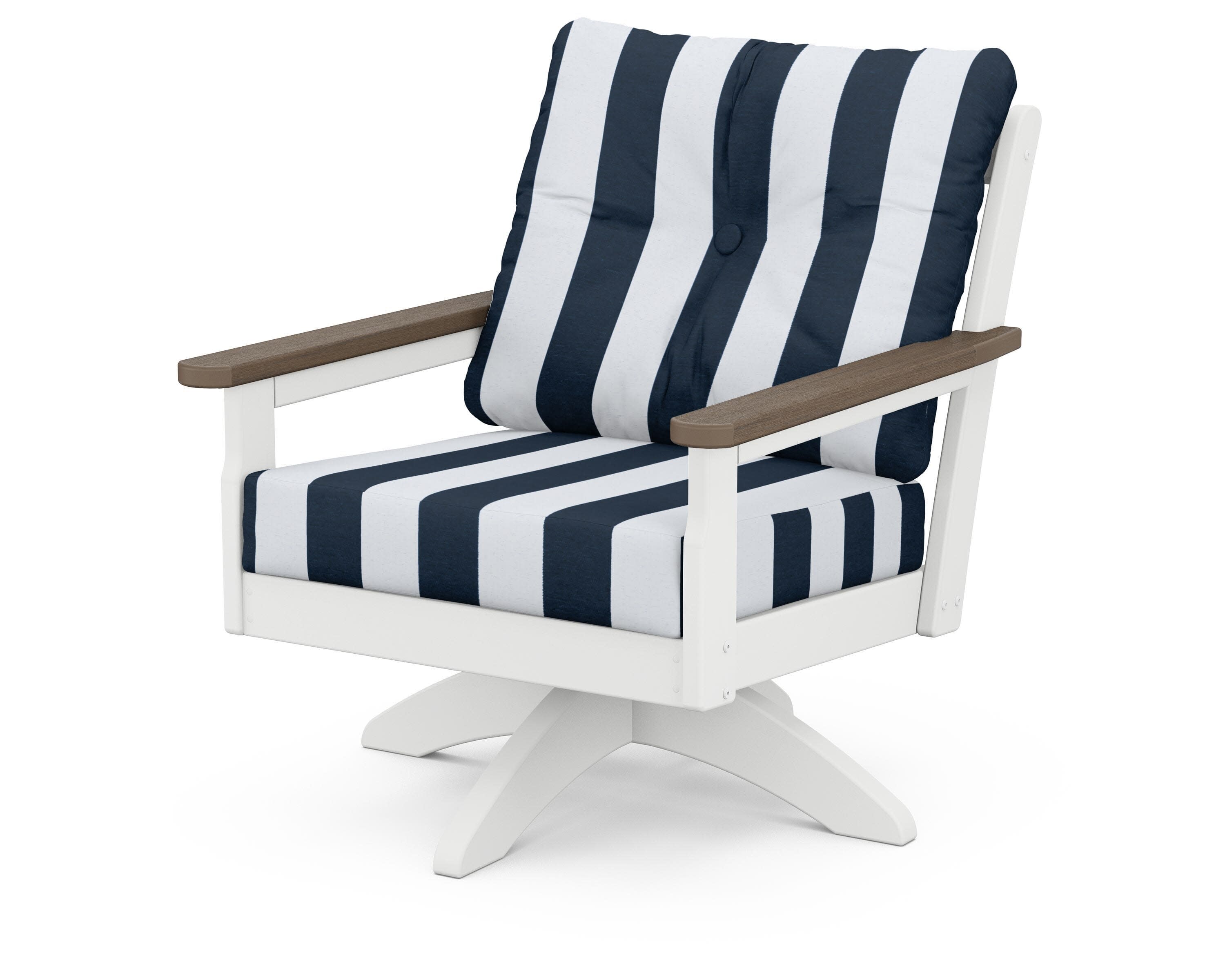 Vineyard Deep Seating Swivel Chair in White / Kona / Cabana Stripe Marine Indigo