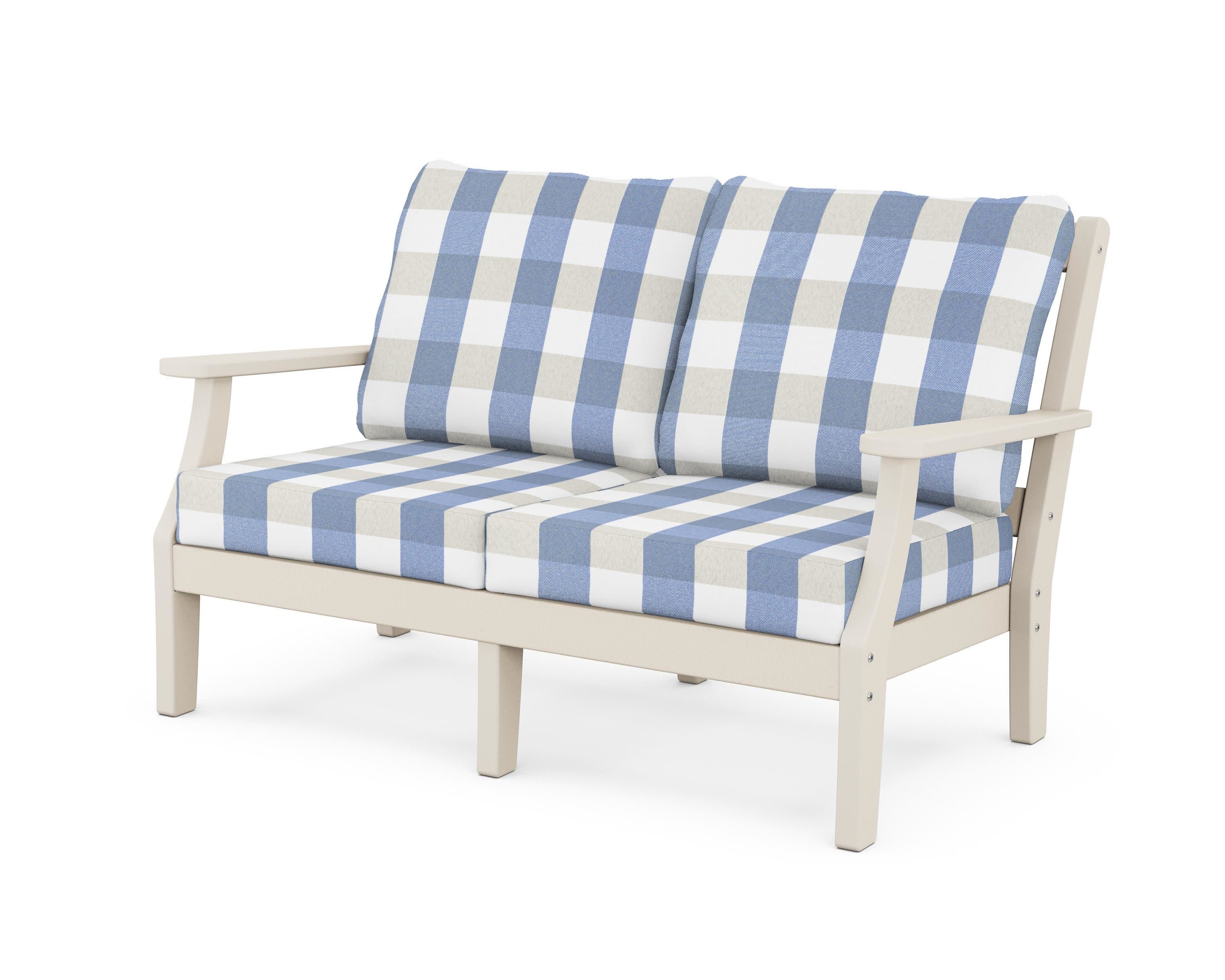 Chinoiserie Deep Seating Loveseat in Sand / Buffalo Plaid Sky Blue