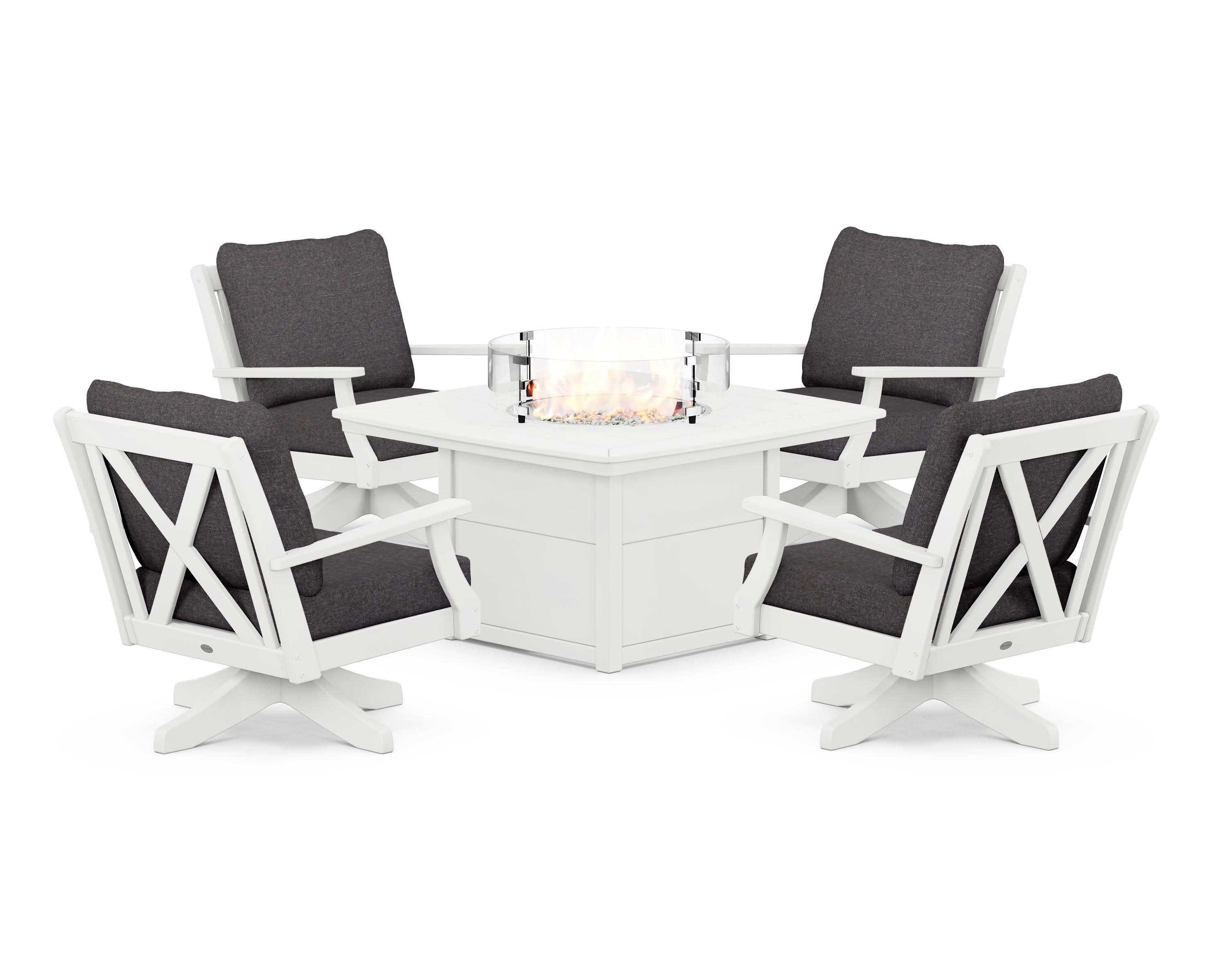 Braxton 5-Piece Deep Seating Swivel Conversation Set with Fire Pit Table in White / Ash Charcoal