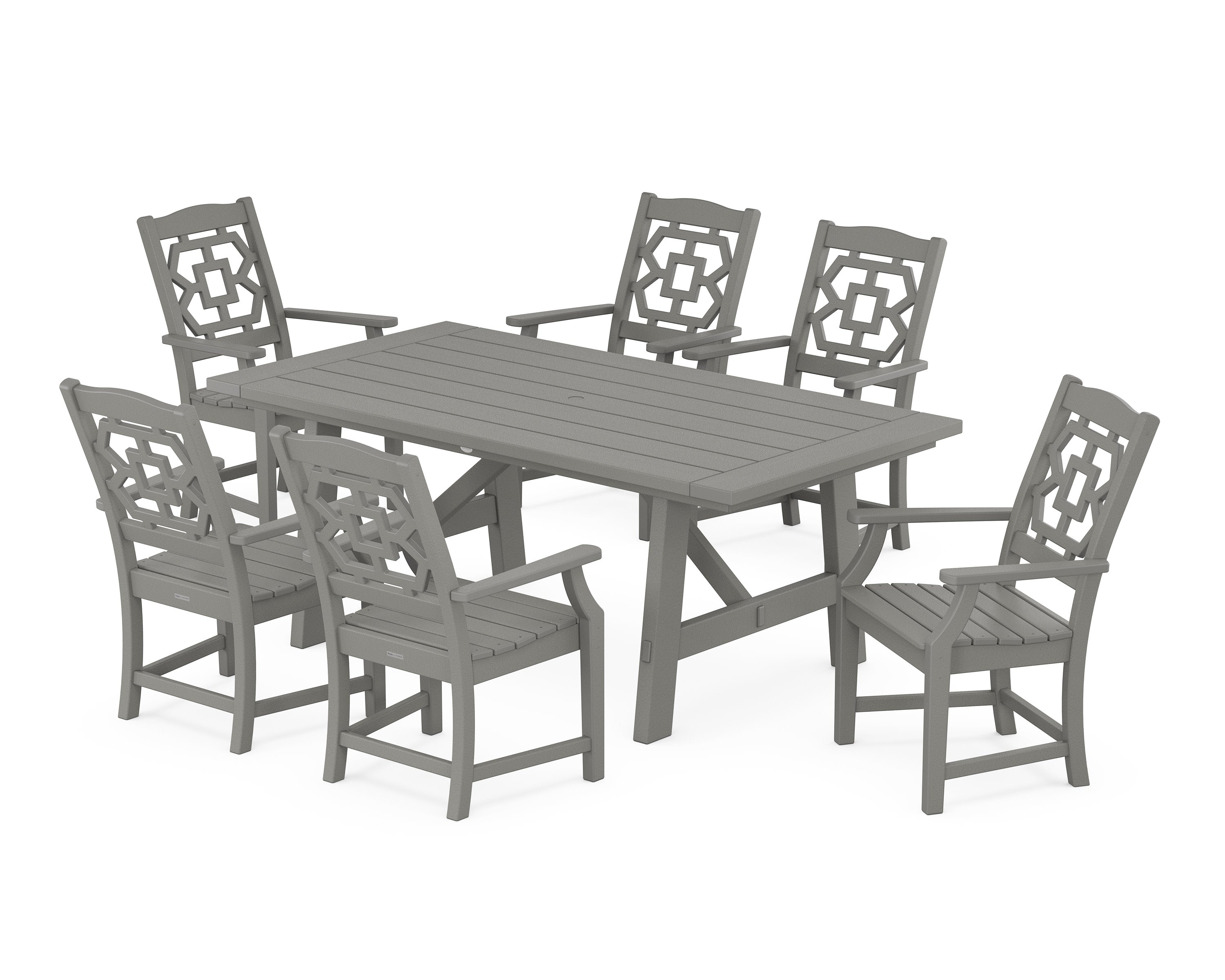 Chinoiserie Arm Chair 7-Piece Rustic Farmhouse Dining Set in Slate Grey