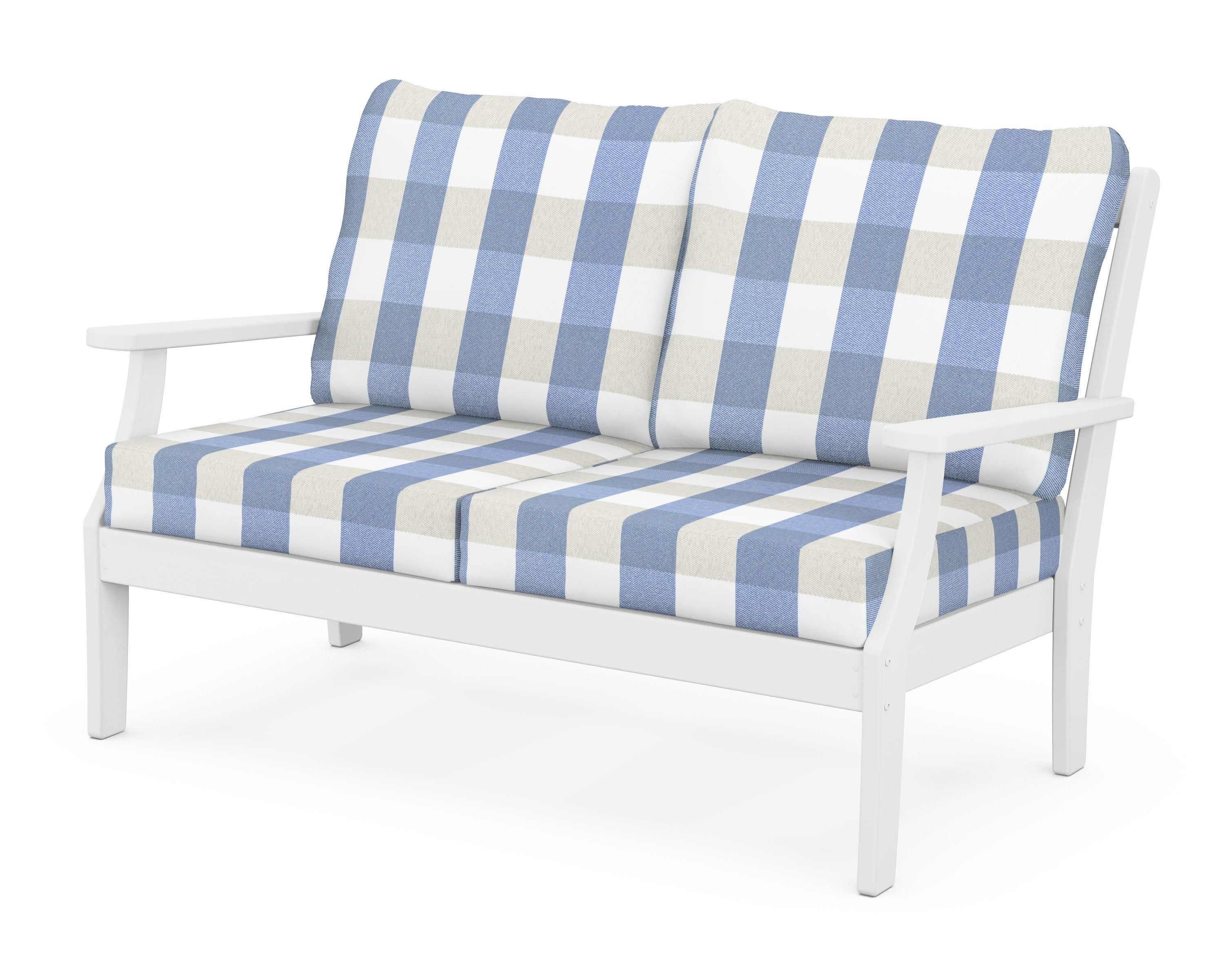 Braxton Deep Seating Loveseat in White / Buffalo Plaid Sky Blue