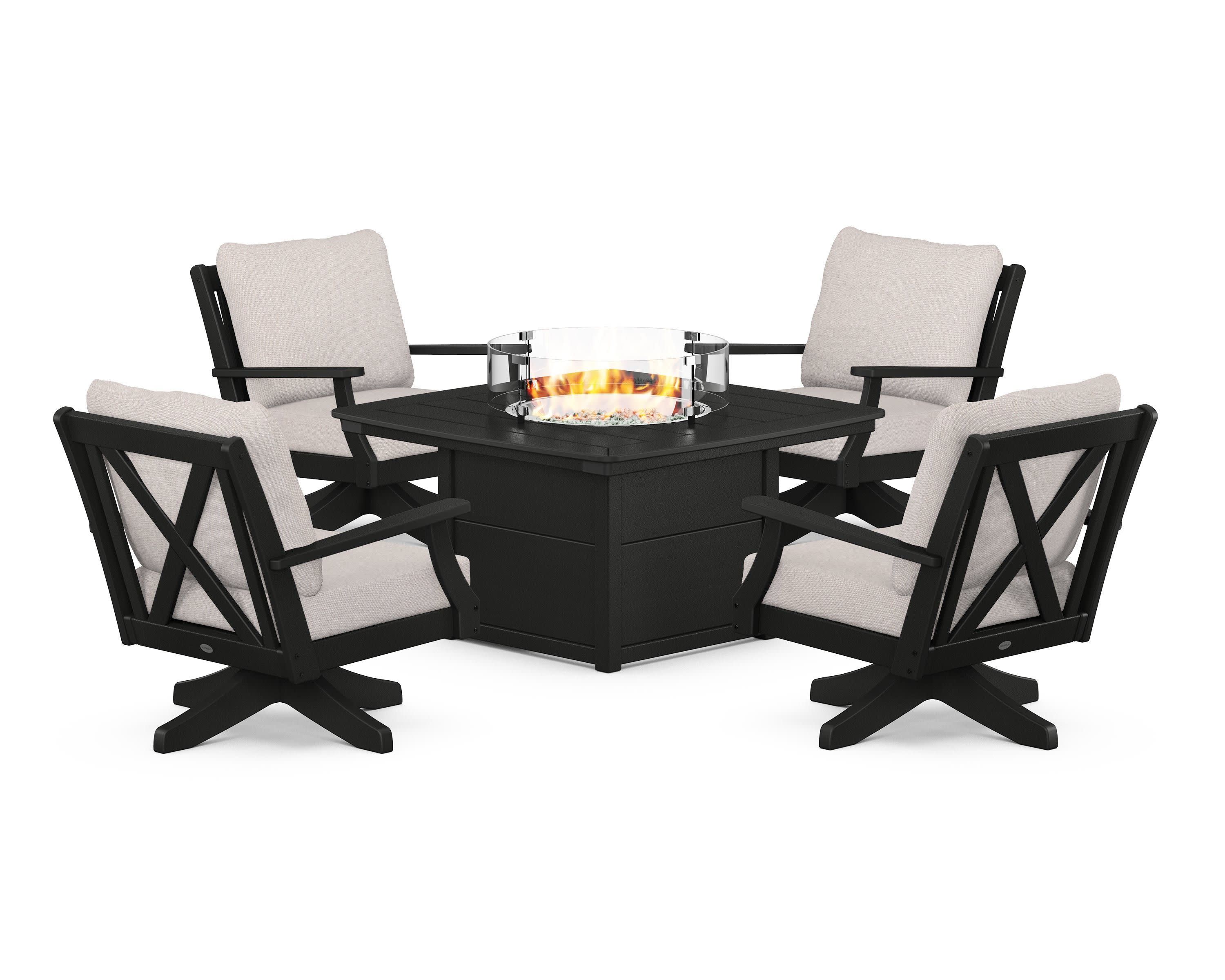 Braxton 5-Piece Deep Seating Swivel Conversation Set with Fire Pit Table in Black / Dune Burlap