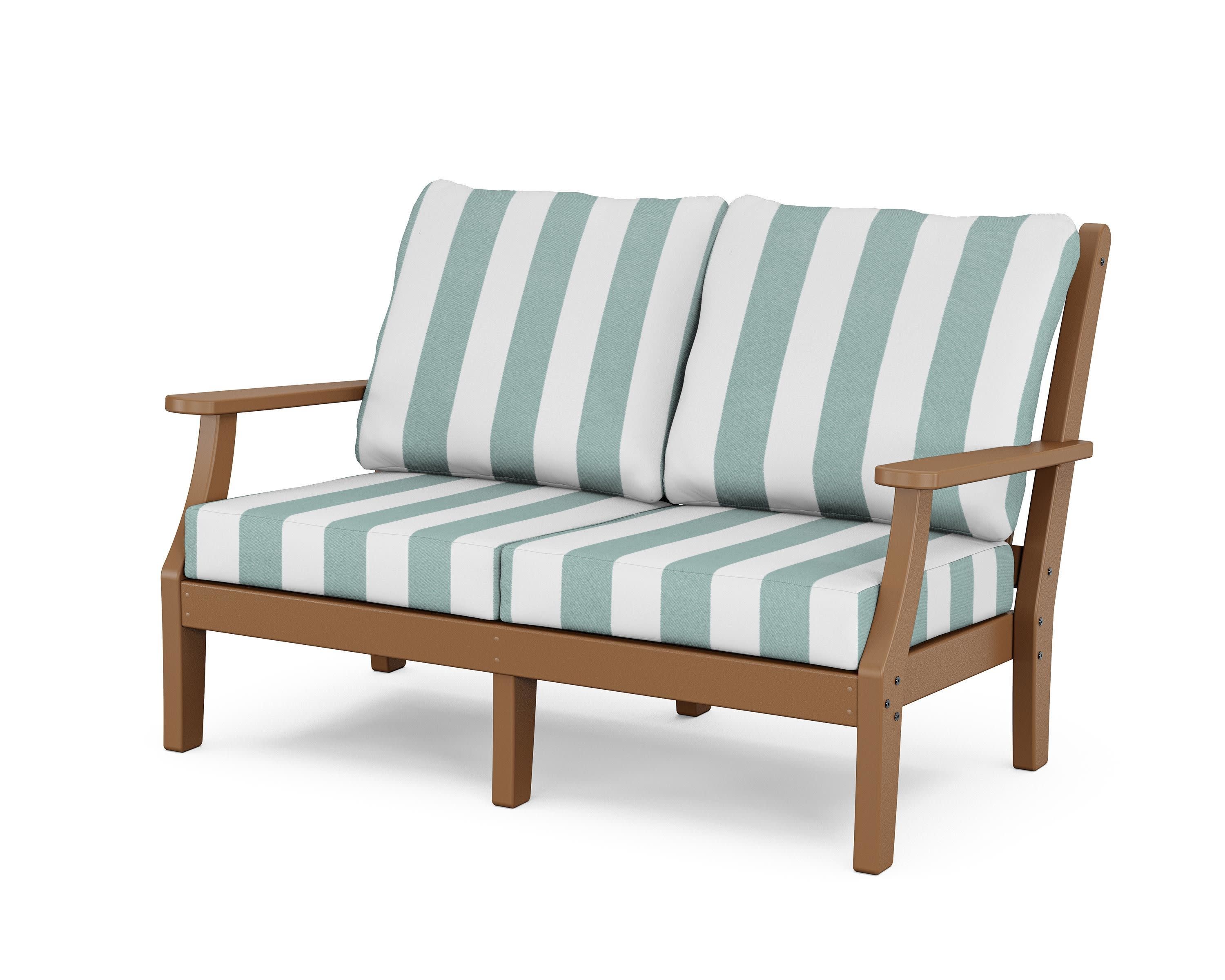 Wovendale Deep Seating Loveseat in Teak / Cabana Stripe Glacier Spa