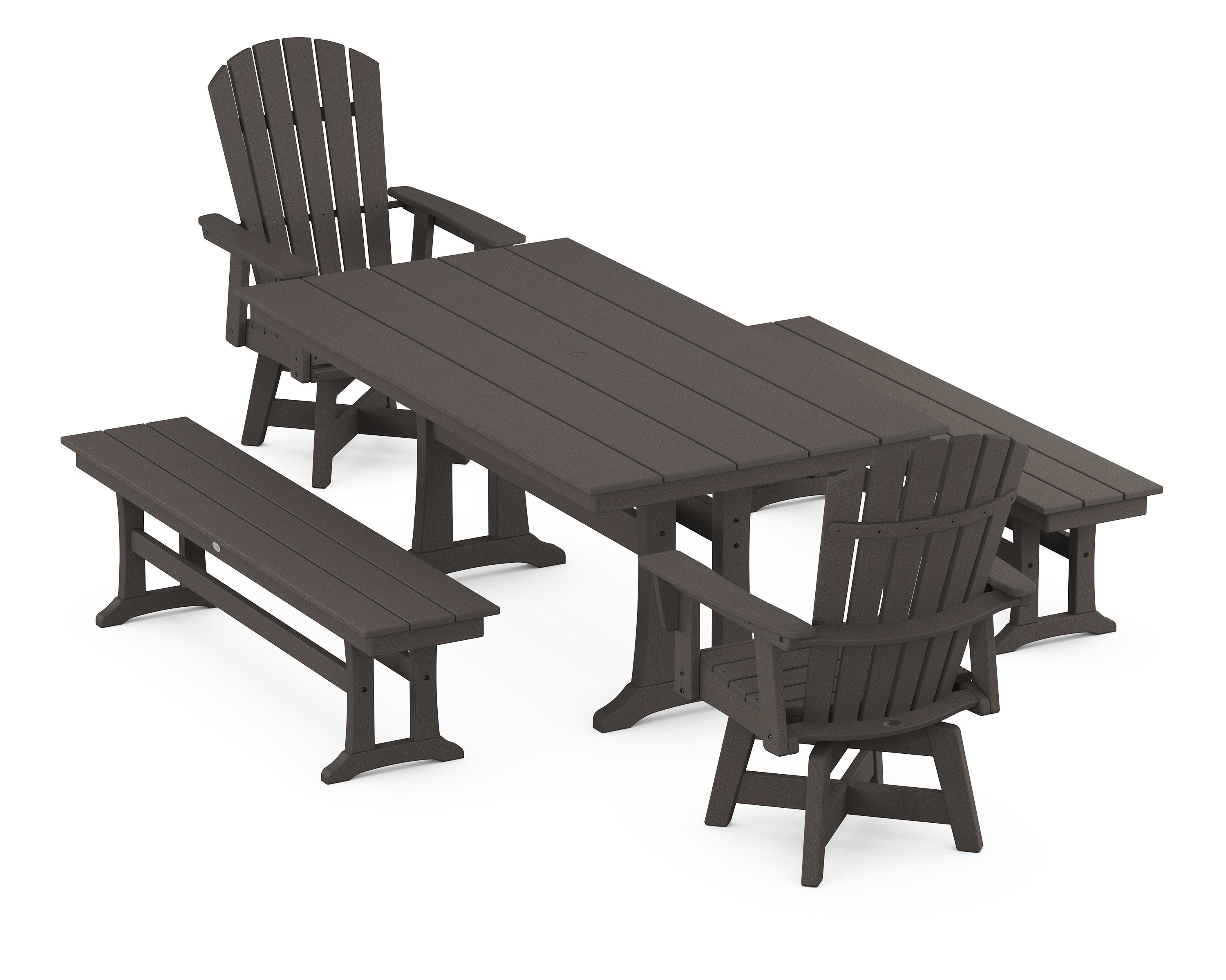 Nautical Curveback Adirondack Swivel Chair 5-Piece Farmhouse Dining Set With Trestle Legs and Benches in Vintage Coffee